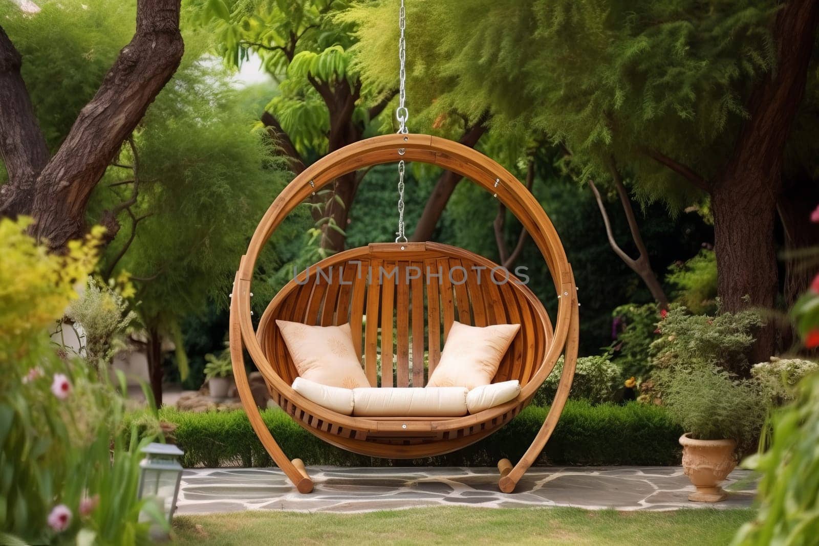 Beautiful wood swing backyard. Outdoor seat. Generate Ai