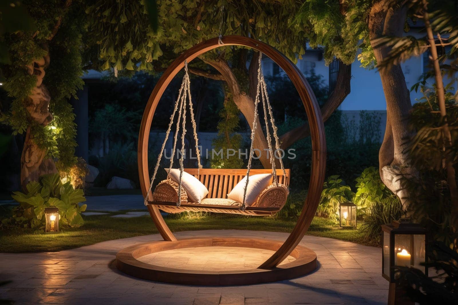 Beautiful greek swing backyard. Generate Ai by ylivdesign