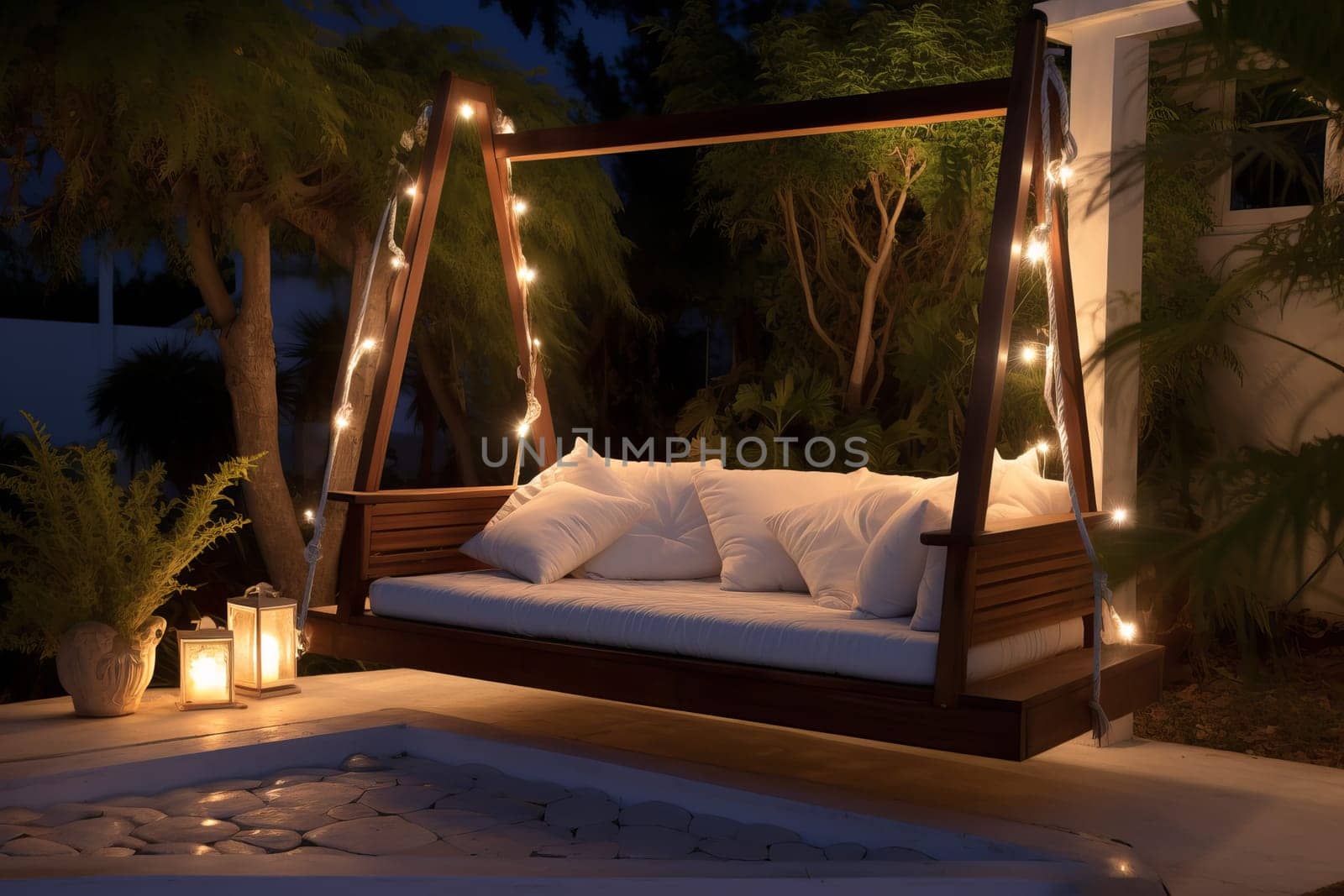 Beautiful swing backyard with lights. Generate Ai by ylivdesign