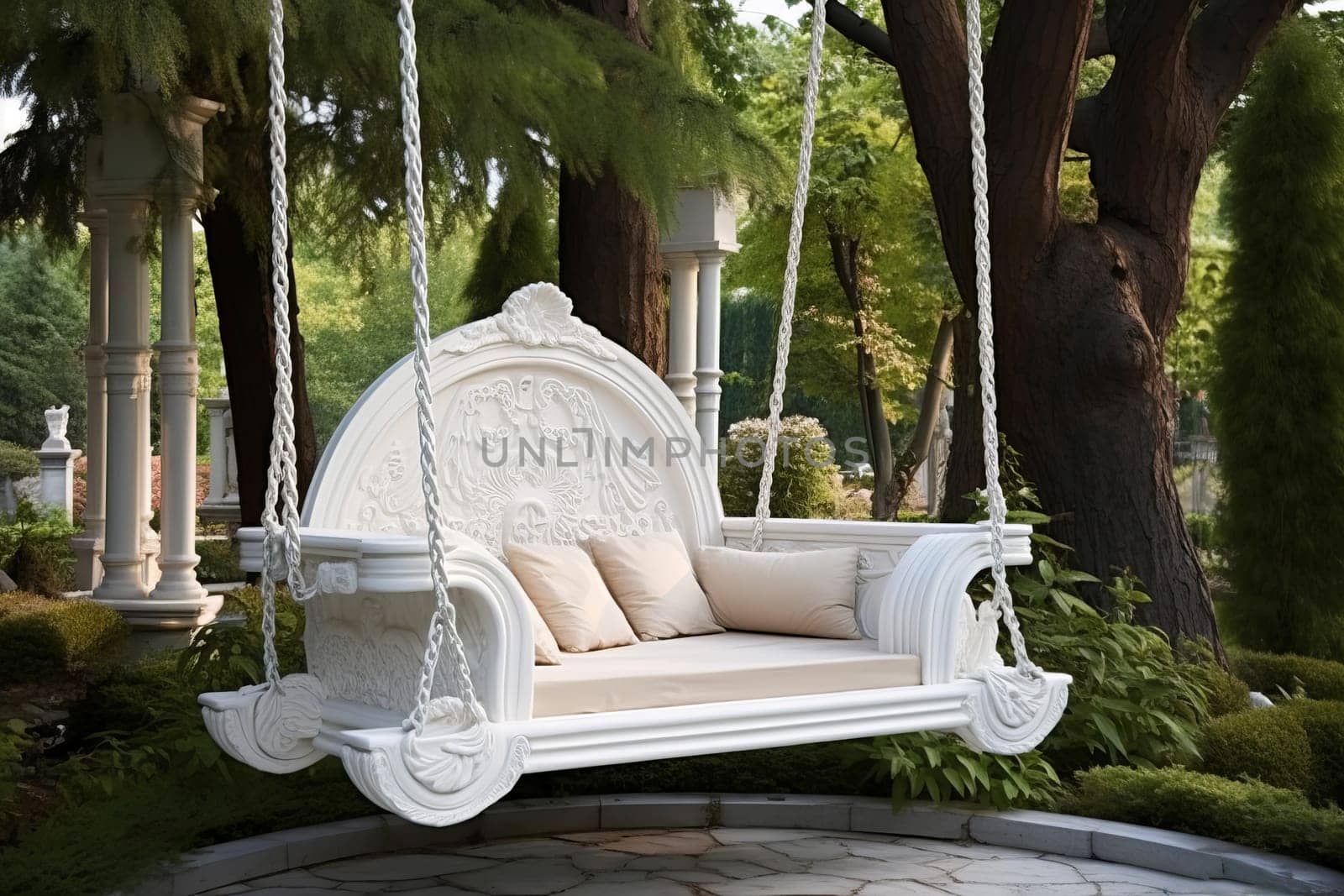 Beautiful white swing backyard. Generate Ai by ylivdesign