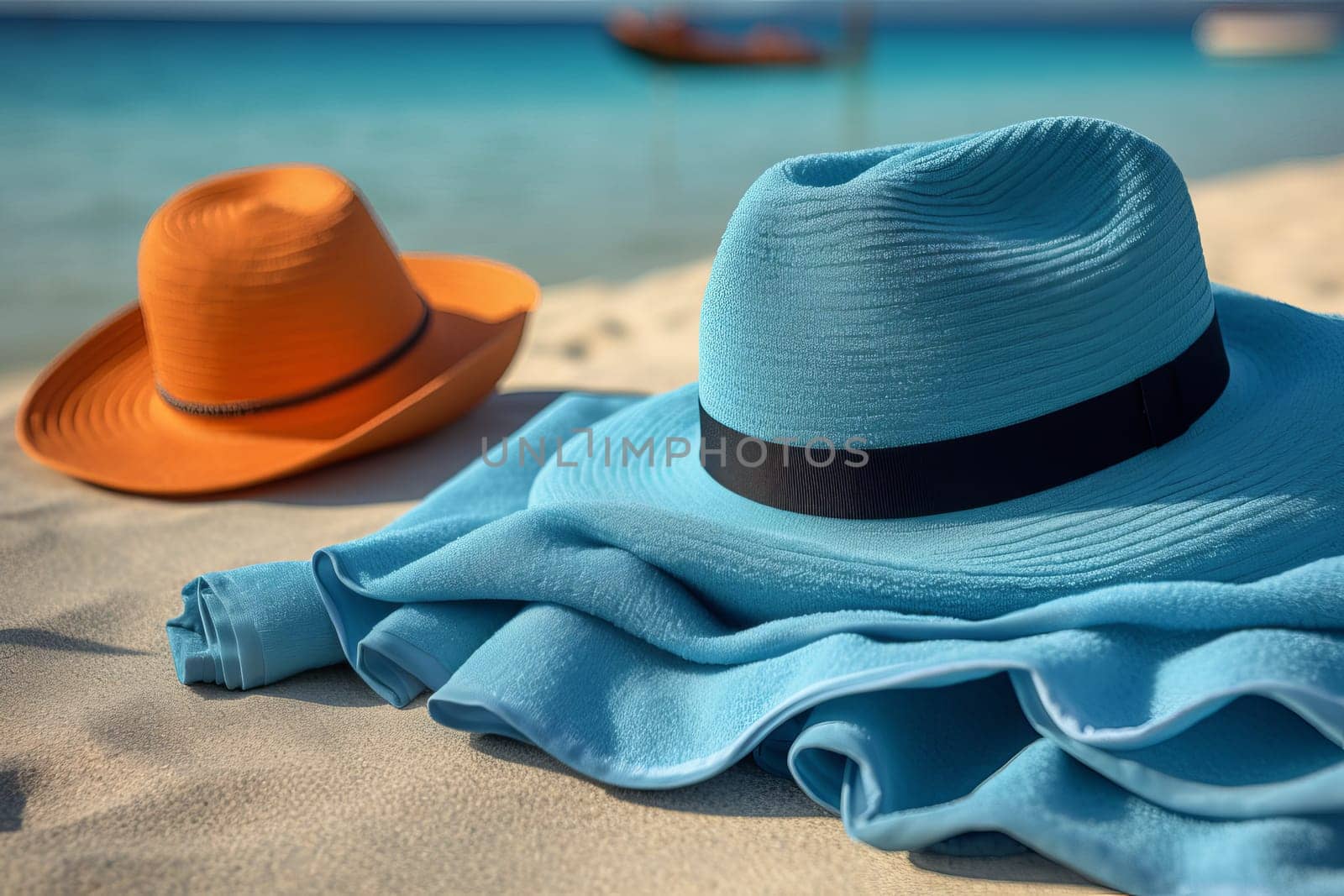 Blue towel summer hat on pool. Generate Ai by ylivdesign