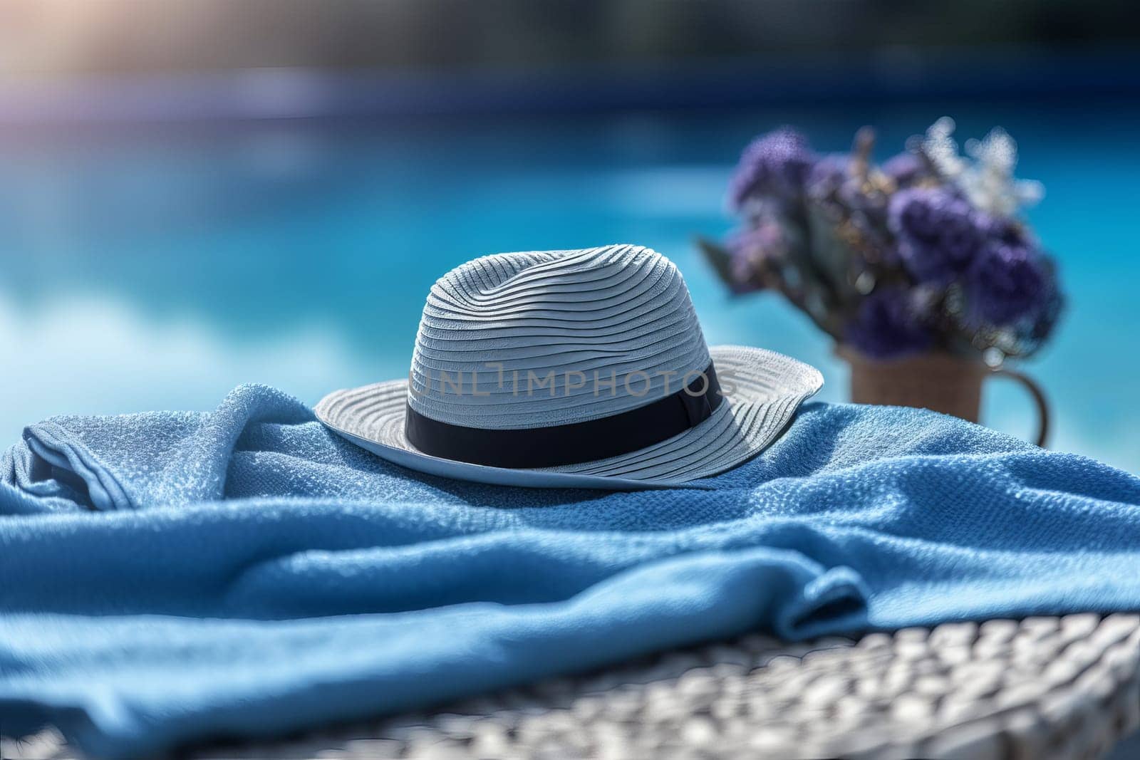 Blue towel summer hat near flowers. Sun shades. Generate Ai
