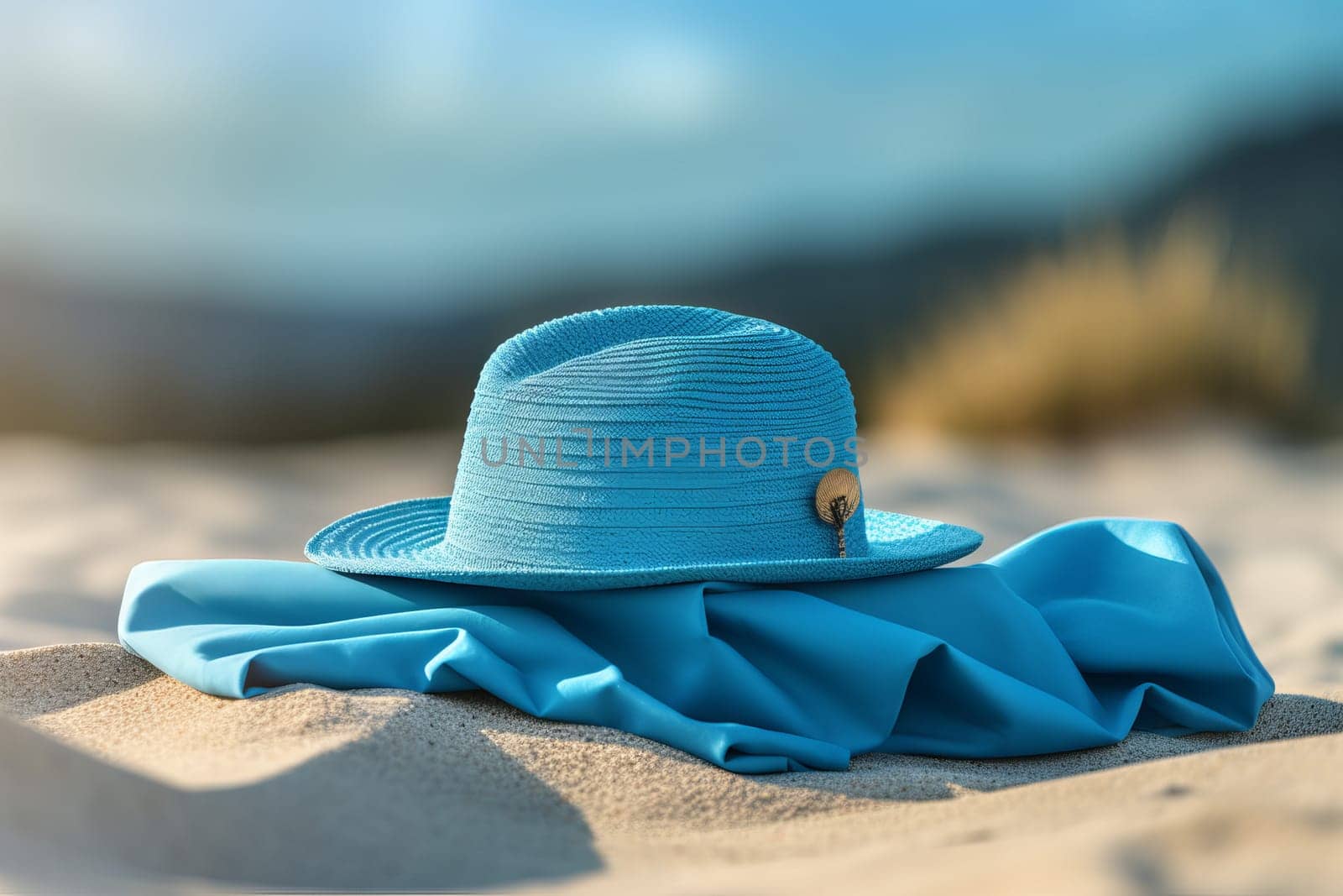 Blue towel summer hat beach sand. Generate Ai by ylivdesign