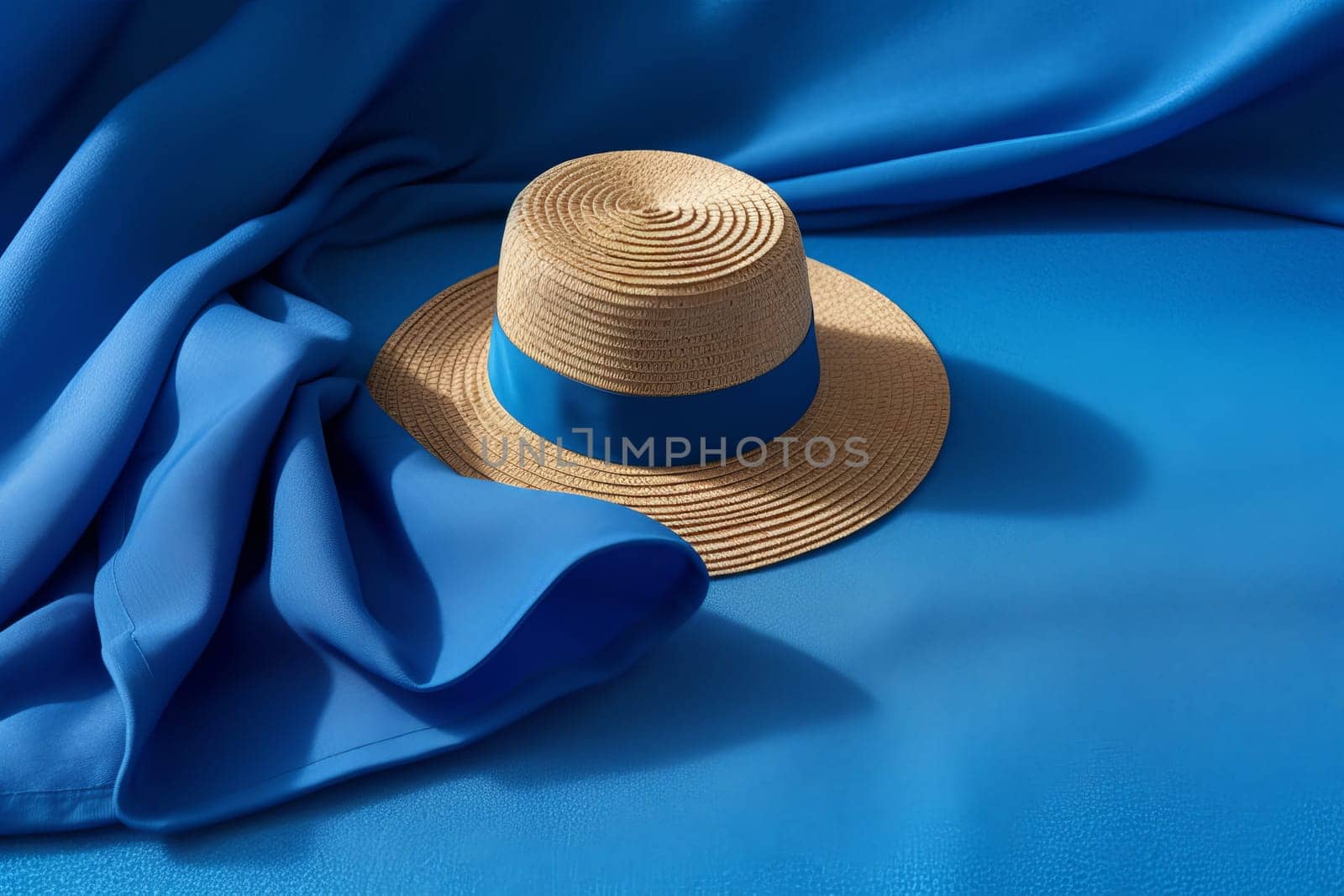 Blue towel summer hat on blue background. Texture travel. Generate Ai