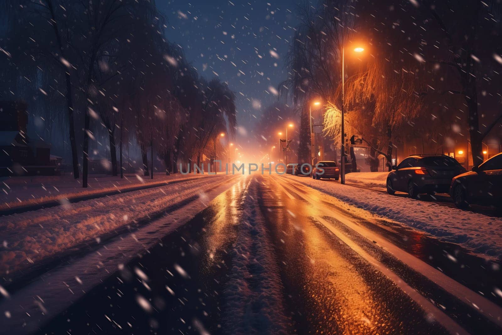 Blurry snow road night. Storm weather. Generate Ai