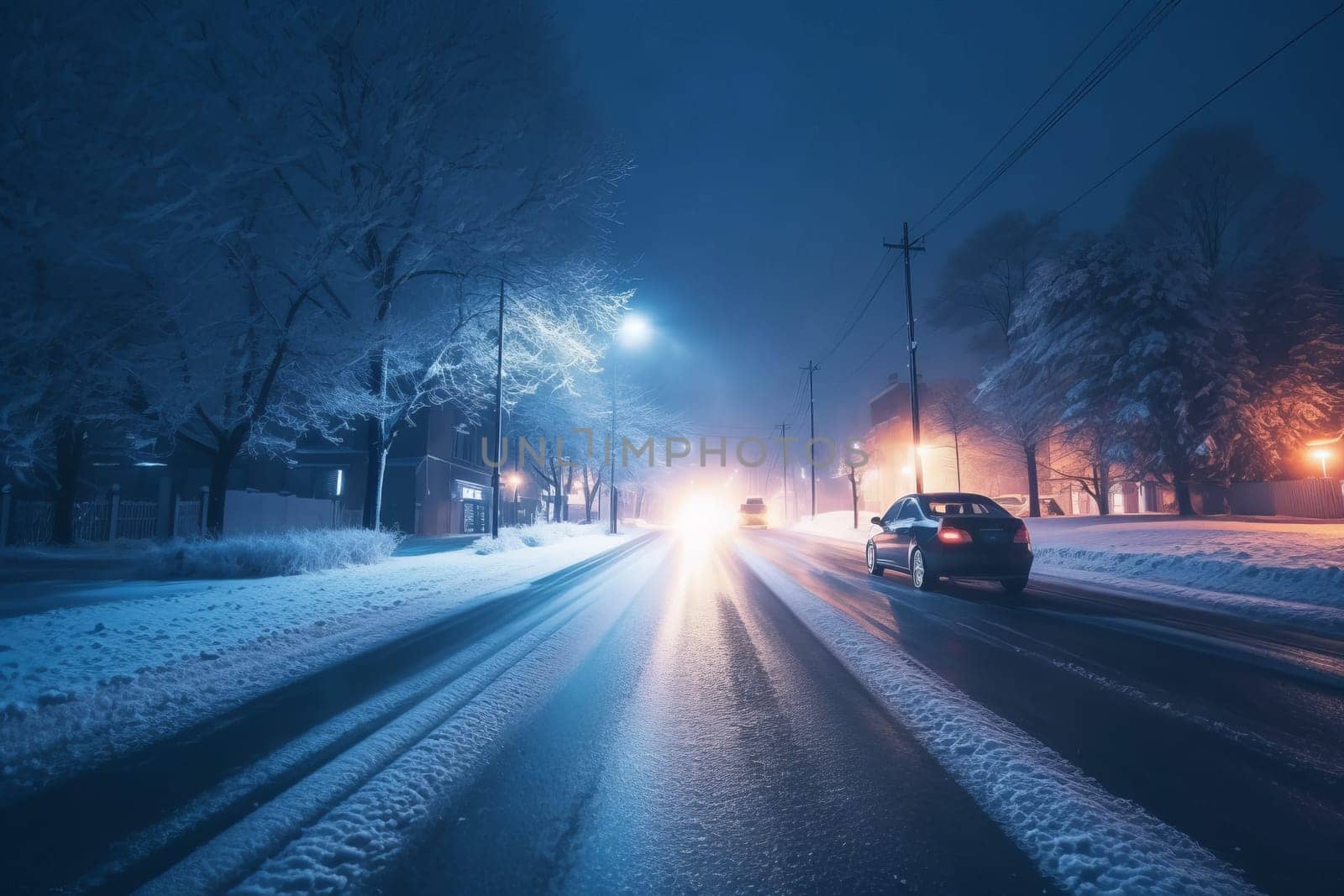 Blurry snow road middle night. Generate Ai by ylivdesign