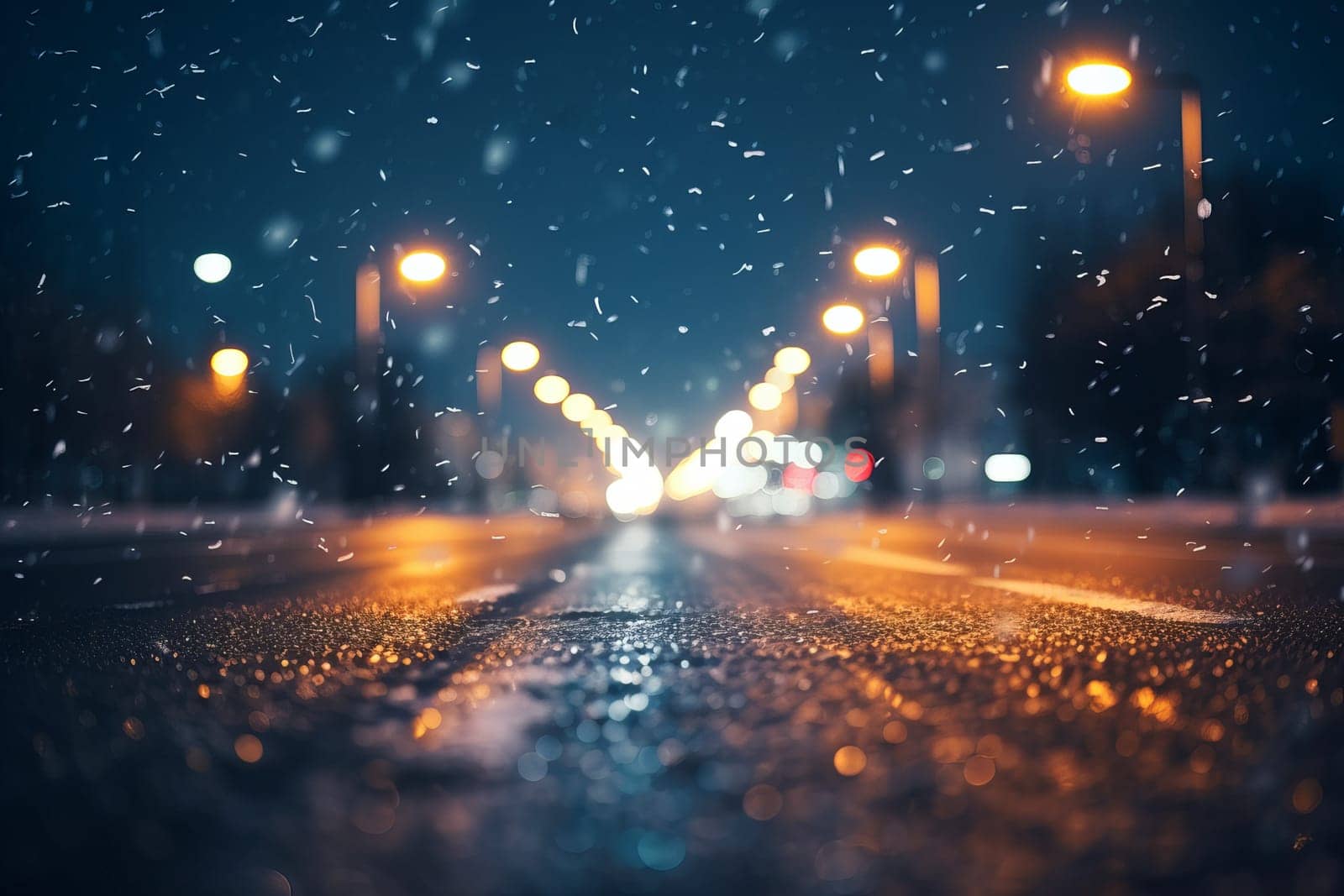 Blurry snow road night traffic. Rain transport. Generate Ai