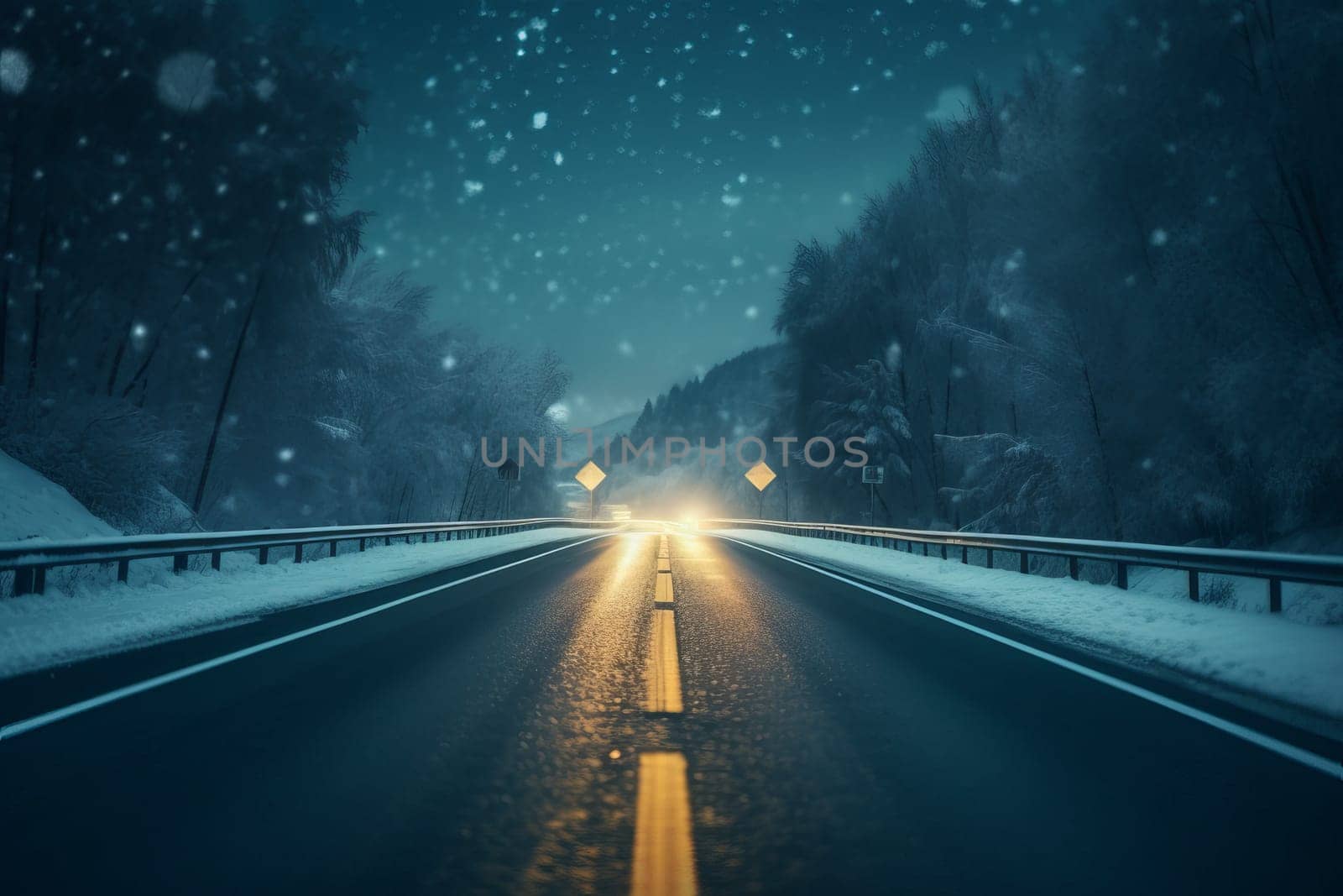 Blurry snow road night mountains. Traffic dark. Generate Ai