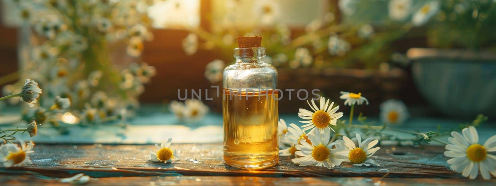 Chamomile essential oil in a small bottle. Selective focus. nature. Generative AI,