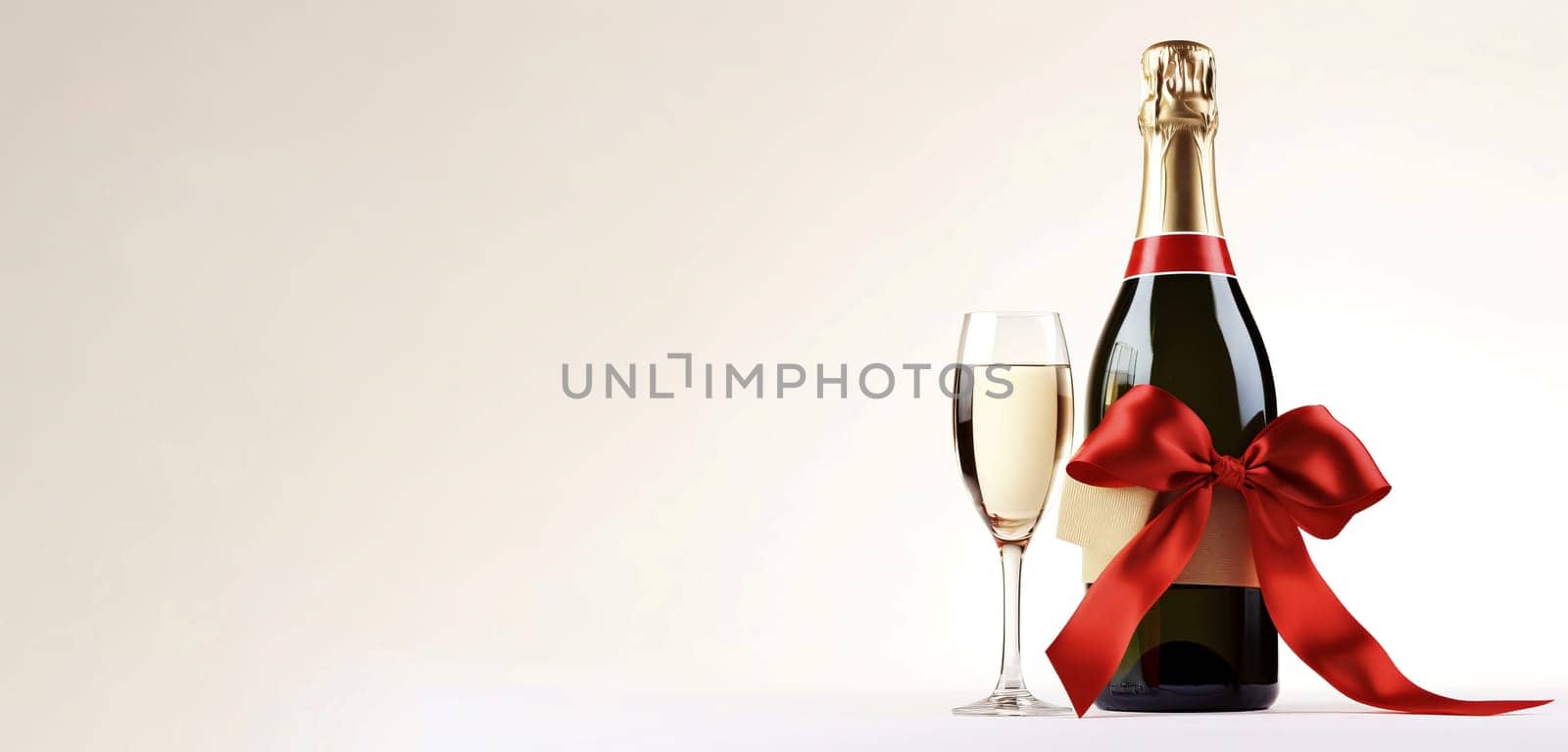 Champagne bottle red bow banner. Generate Ai by ylivdesign
