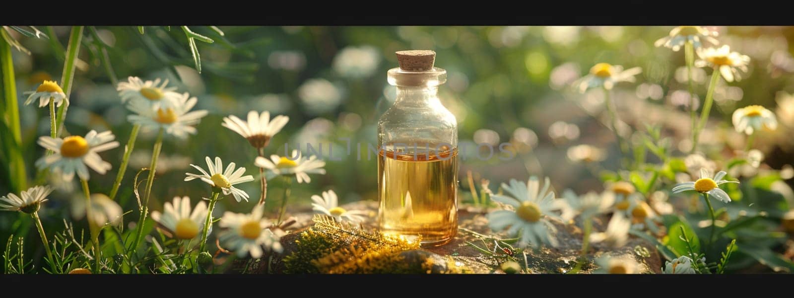 Chamomile essential oil in a small bottle. Selective focus. nature. Generative AI,