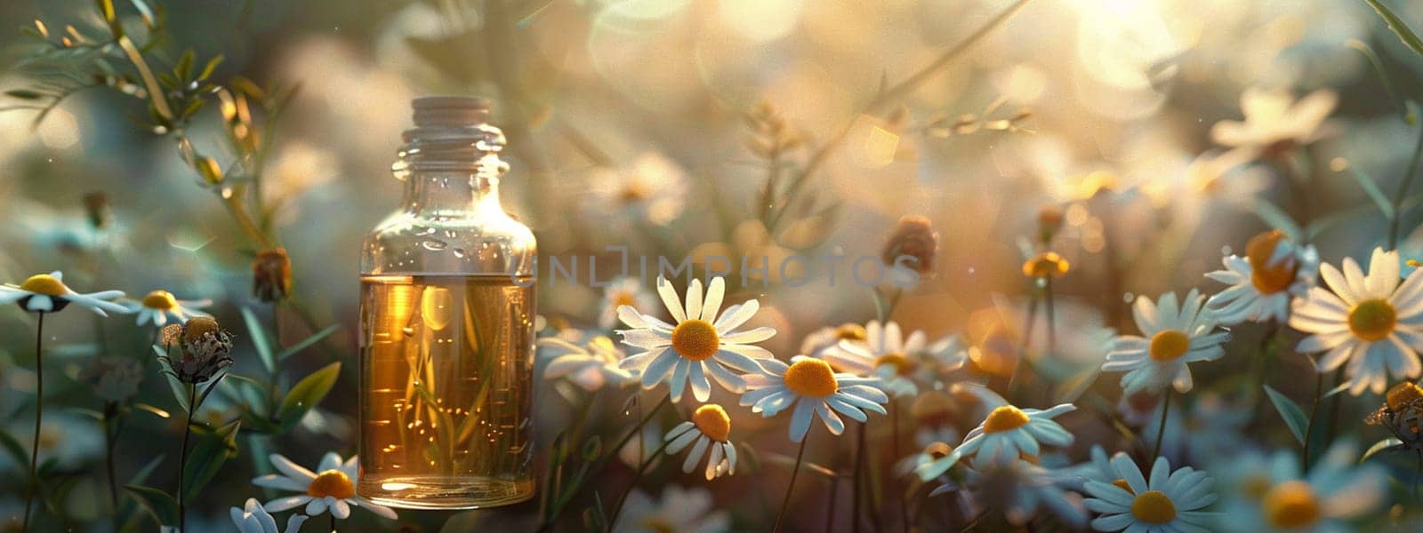 Chamomile essential oil in a small bottle. Selective focus. nature. Generative AI,