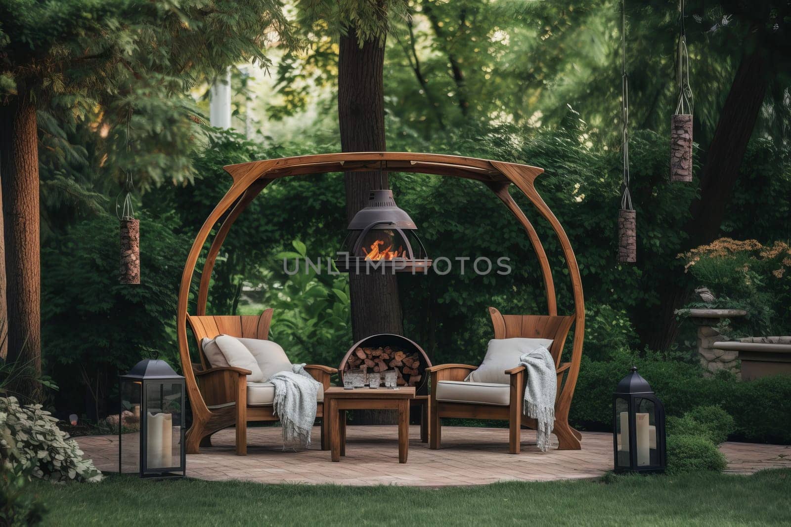 Brazier wooden canopy backyard. Generate Ai by ylivdesign