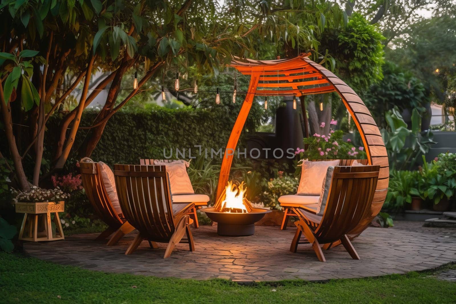 Brazier wooden canopy. Outdoor park. Generate Ai