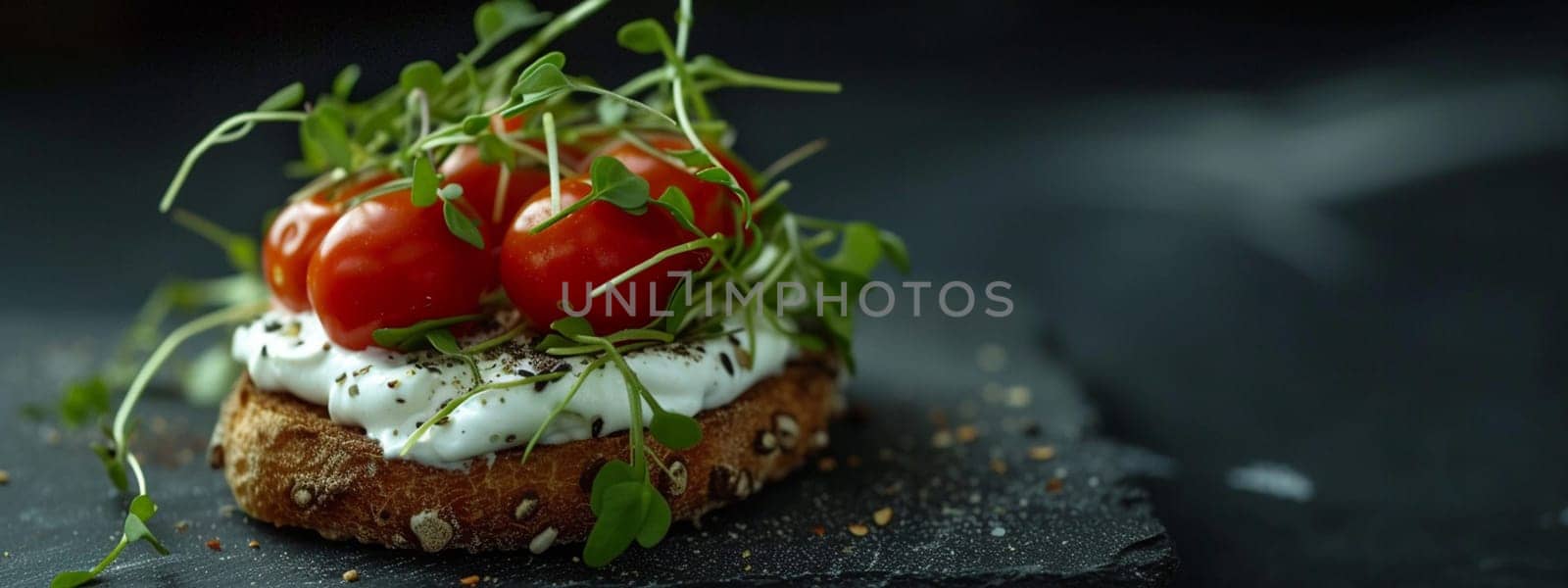 toast with cream cheese, cherry tomatoes and microgreens. Healthy breakfast concept. selective focus, food Generative AI,