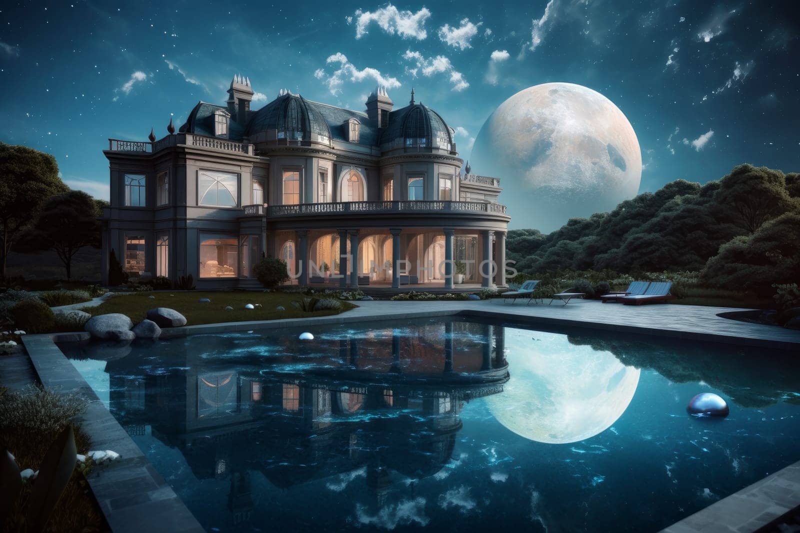 Mansion swimming pool moon. Exterior property. Generate Ai