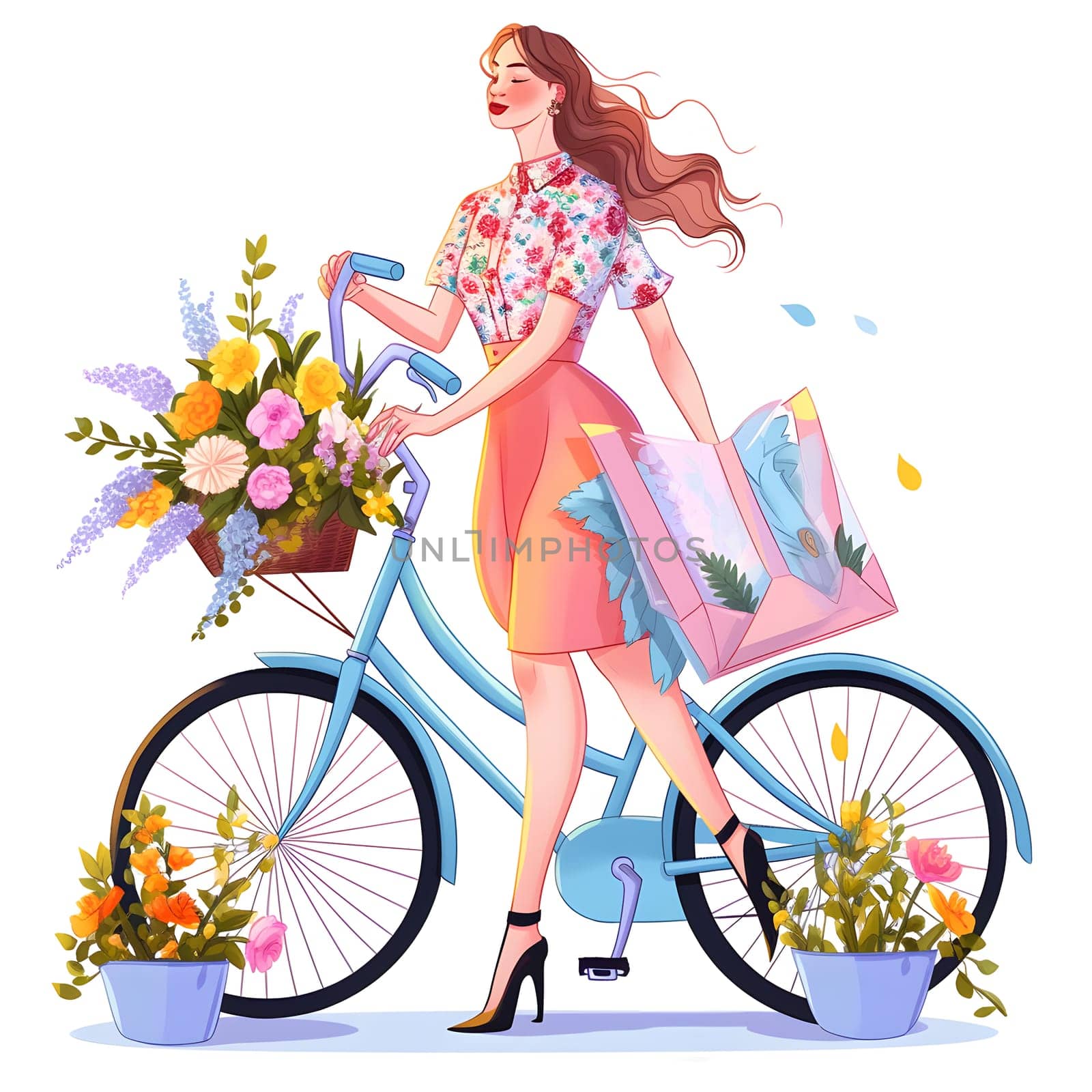 A woman is standing next to a bicycle with a plant in the basket, dressed elegantly with the bicycle wheel, tire, frame, and handlebar in view