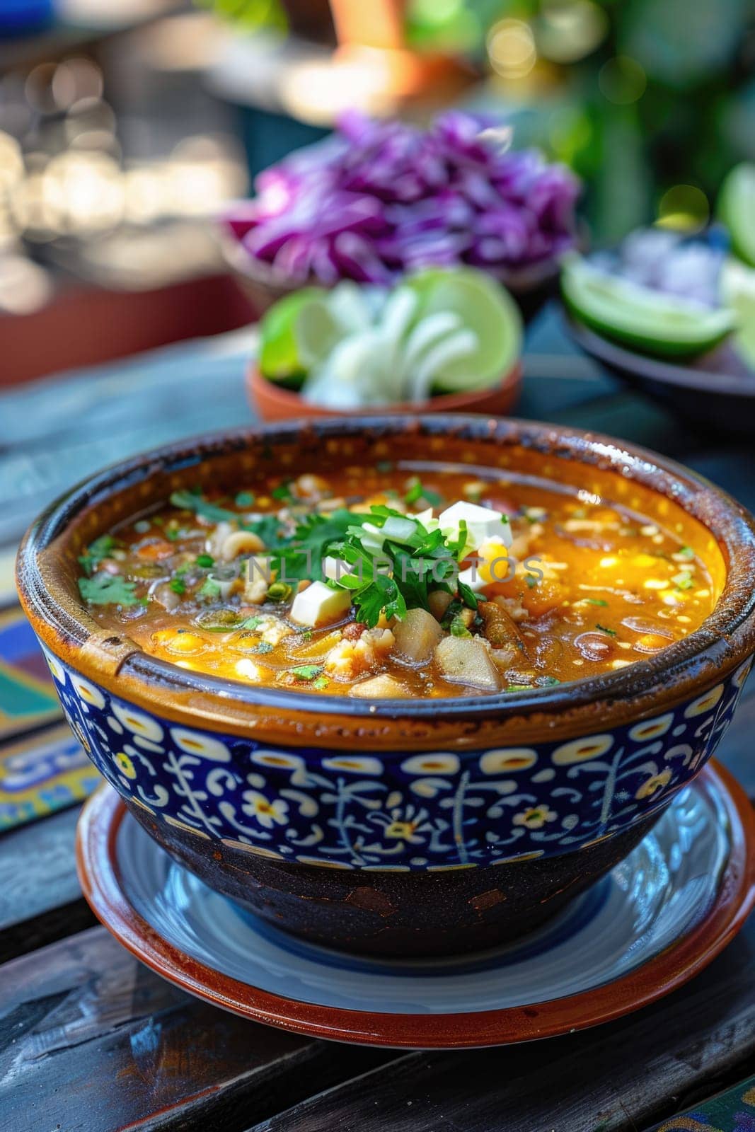 pozole soup on wooden background. ai generated by Desperada
