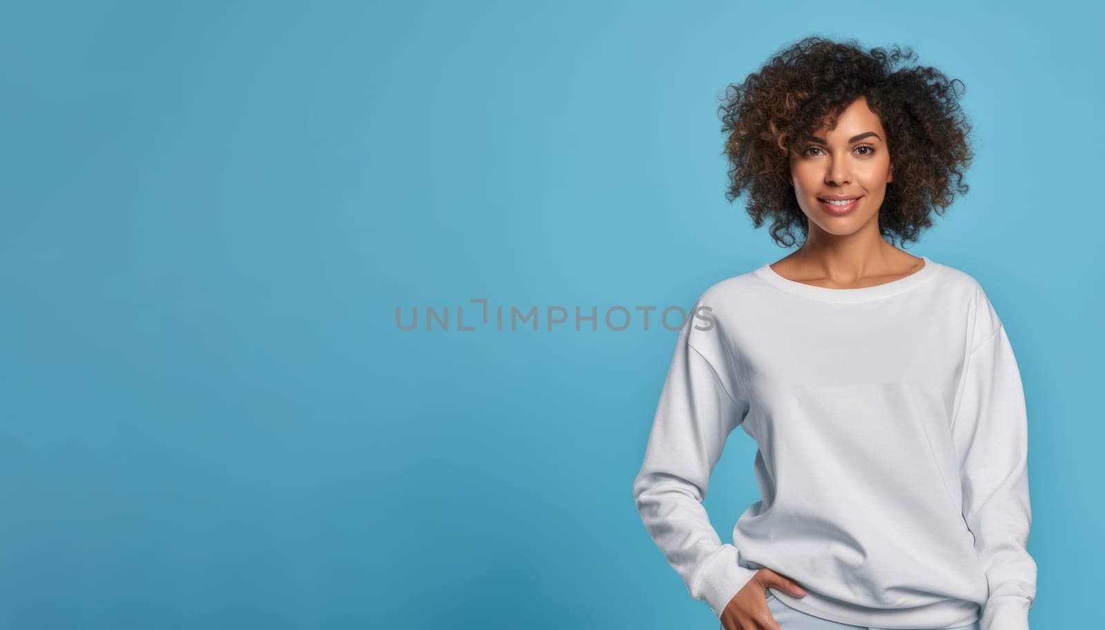 Black mom wearing white posing. Blue background. Fictional person. Generate Ai