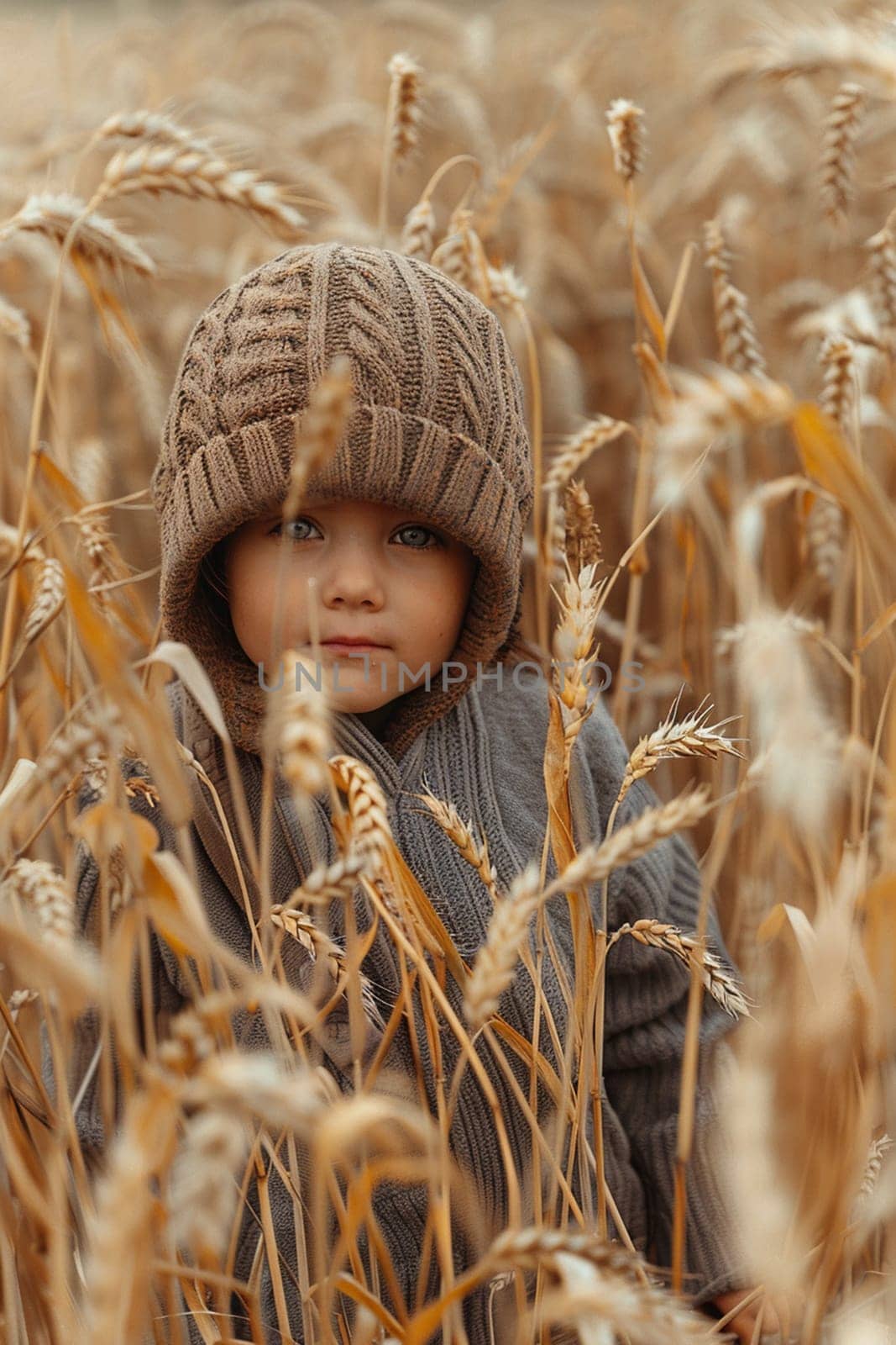 a child stands in a wheat field. children selective focus