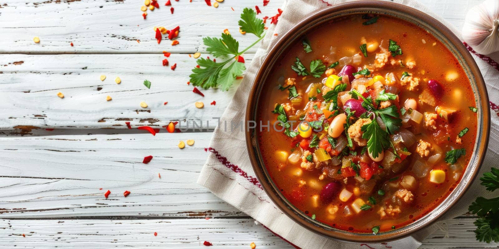 pozole soup on a white wooden background. ai generated by Desperada