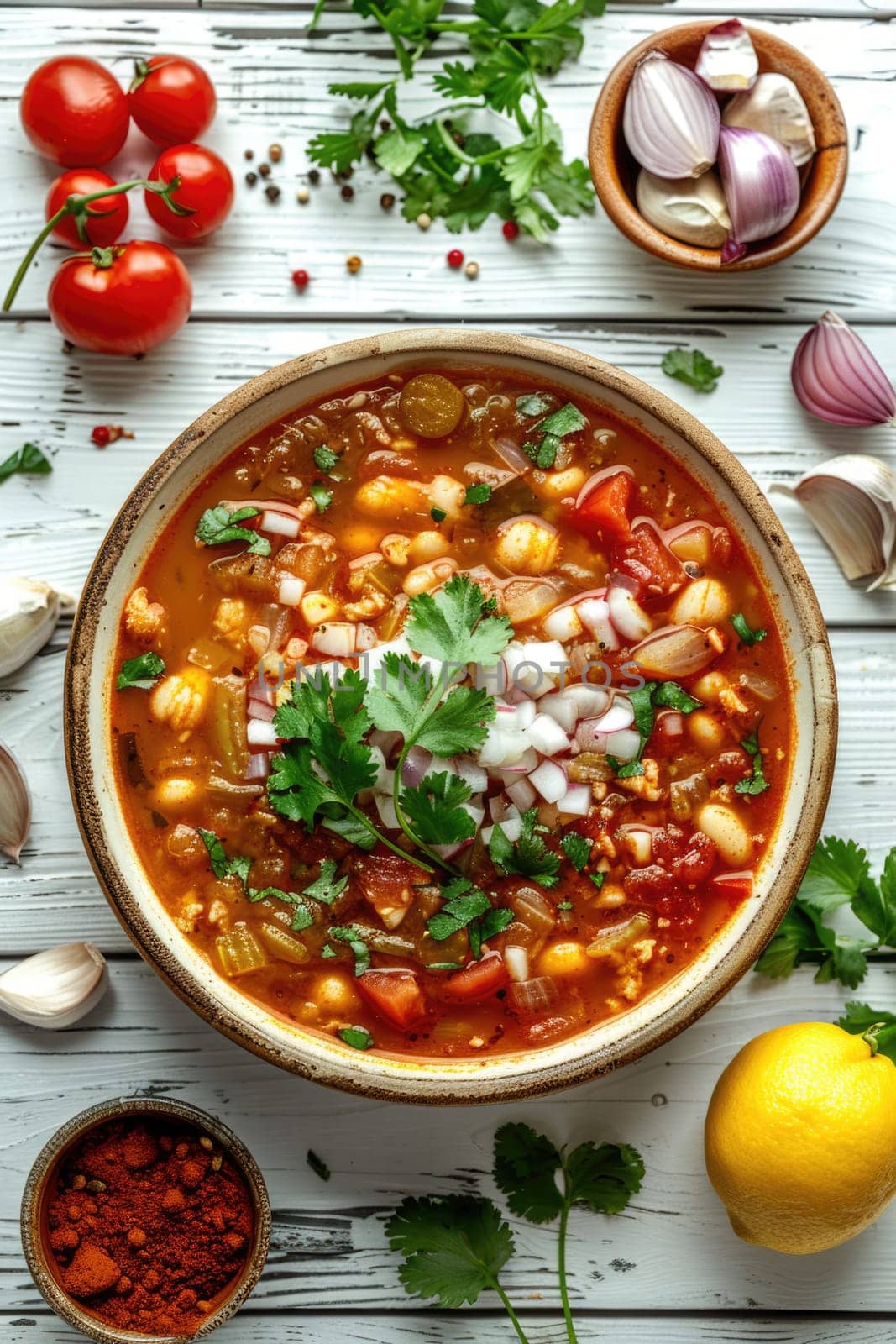 Red pozole soup on a white wooden background. ai generated