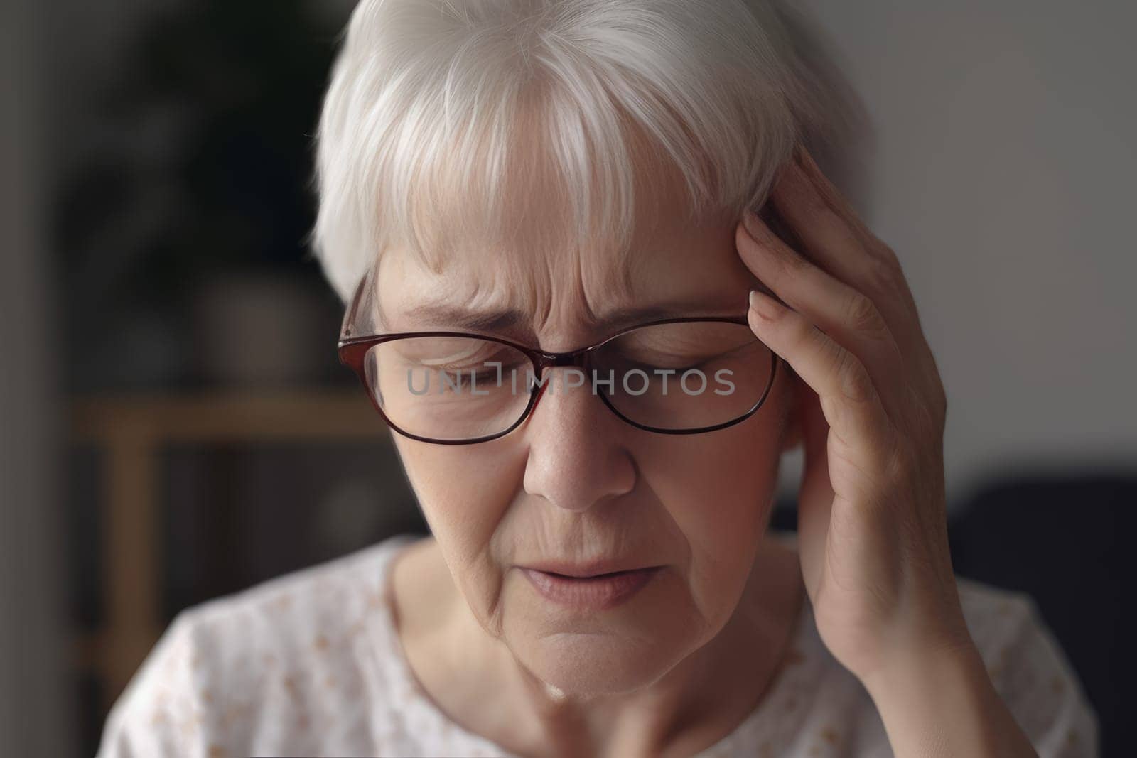 Senior woman with glasses headache. Sick person. Fictional person. Generate Ai