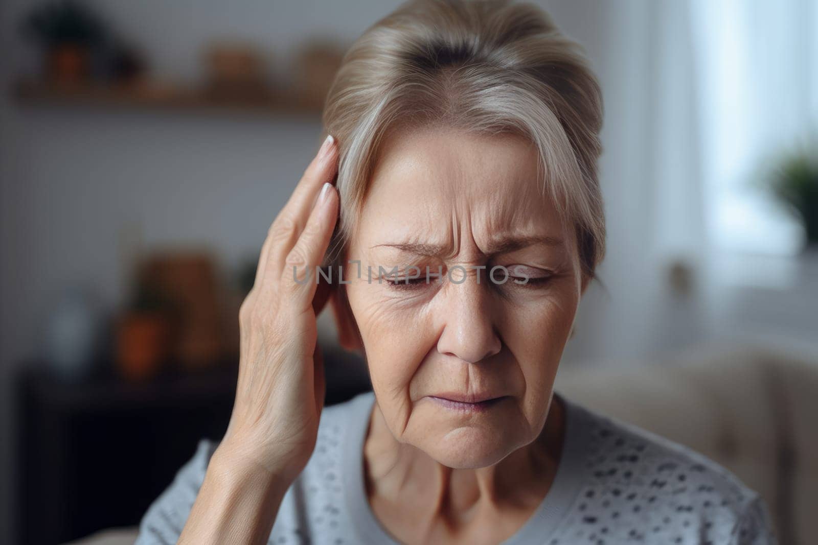 Senior woman headache pain. Generate Ai by ylivdesign