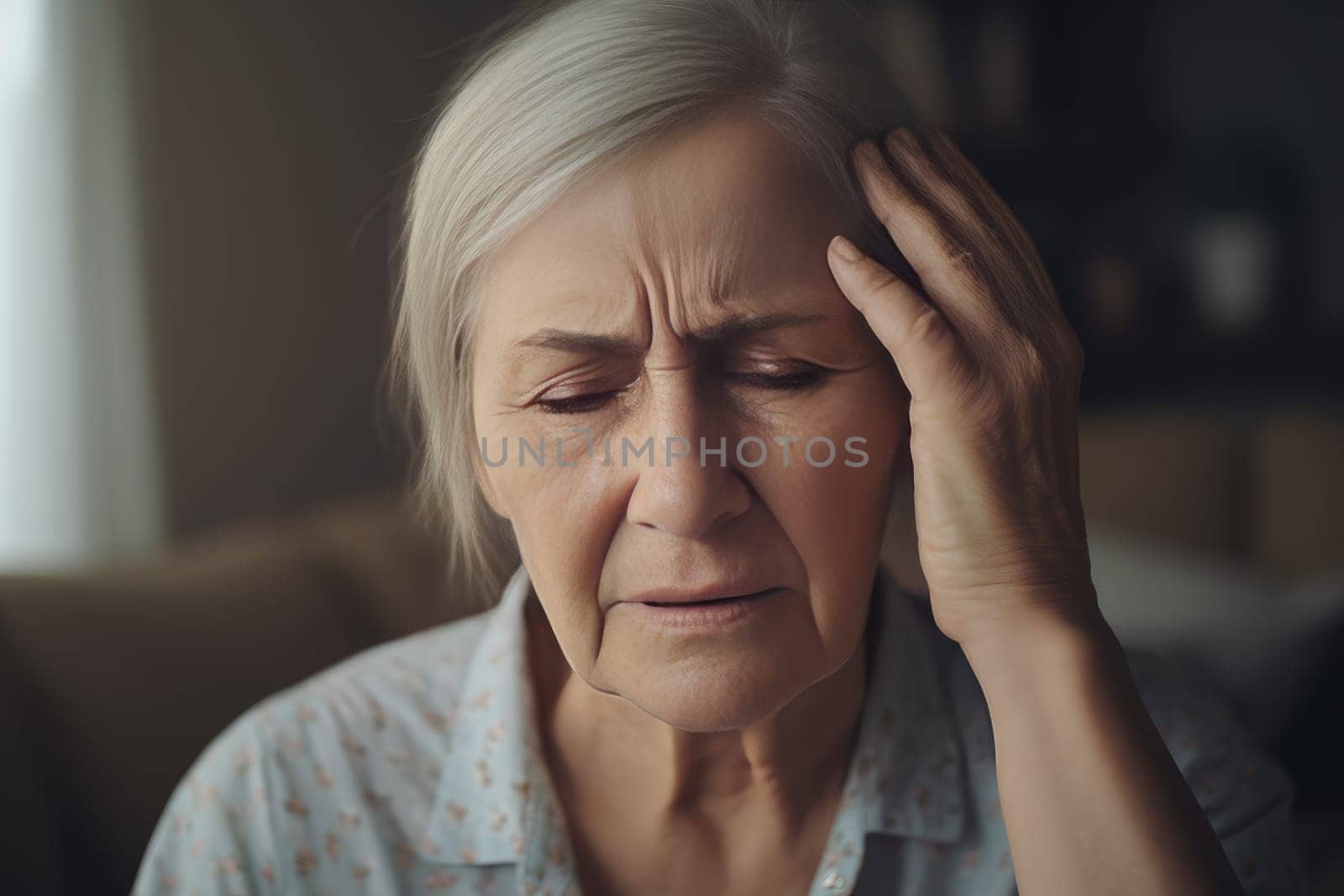 Senior woman headache tired. Generate Ai by ylivdesign