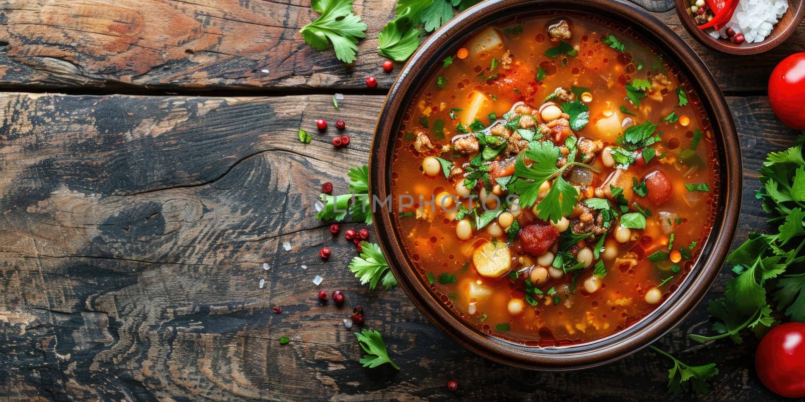 Red pozole soup on wooden background. ai generated