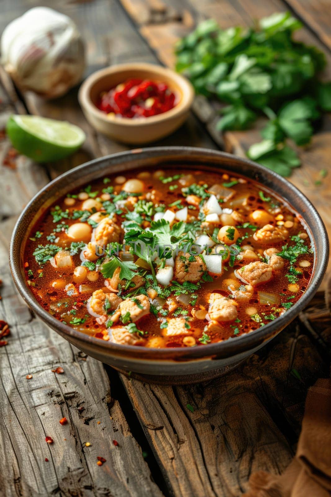 Red pozole soup on wooden background. ai generated