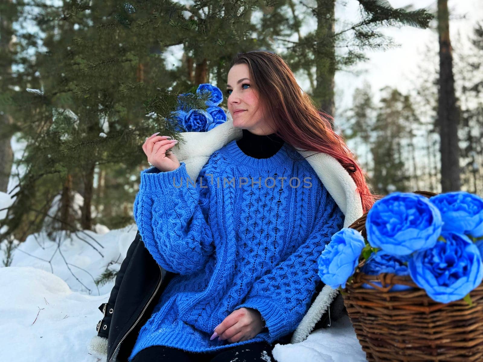 smiling brunette girl with blue eyes in a blue sweater and with blue flowers in a winter coniferous forest.