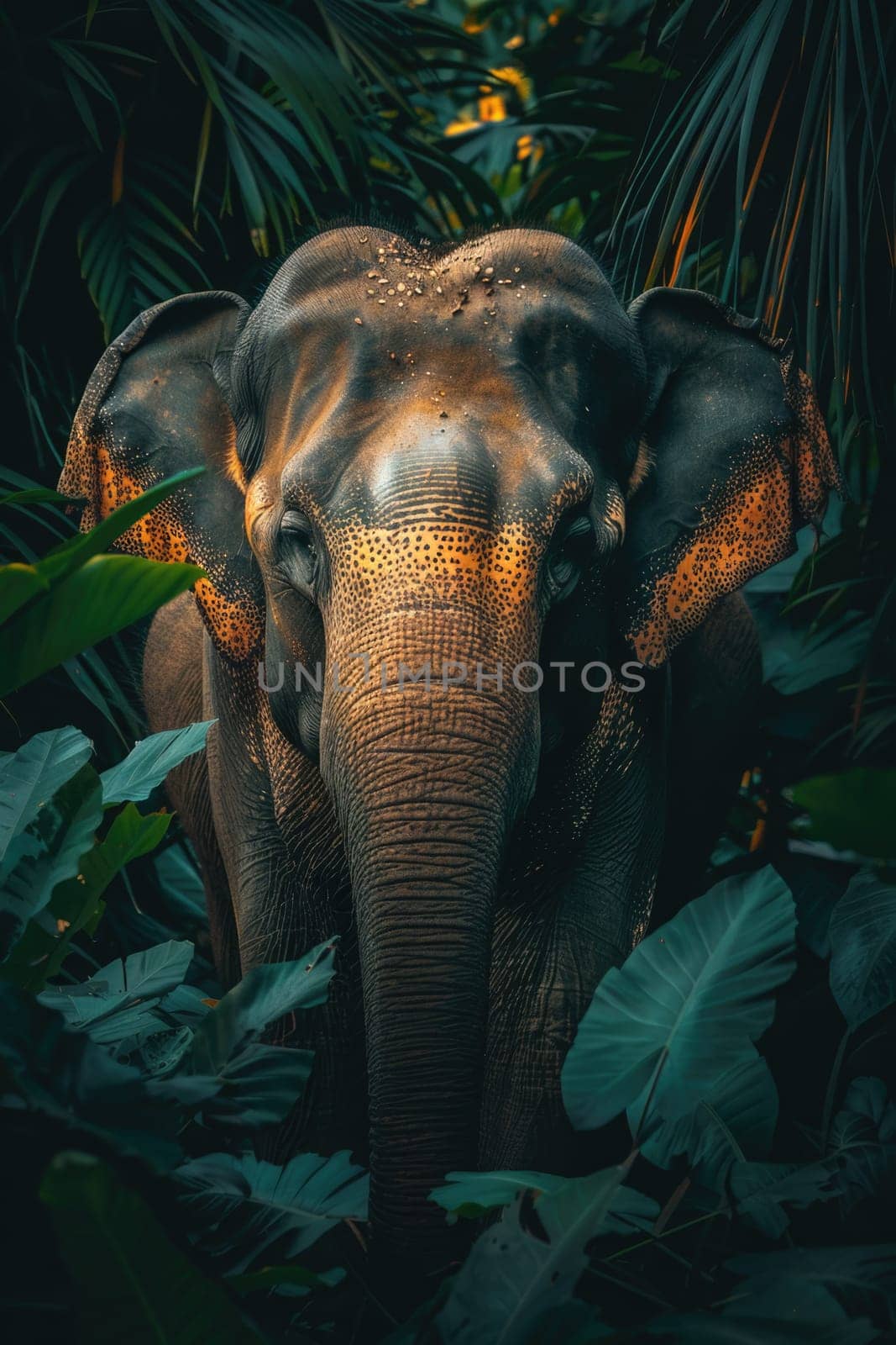 world wildlife day. elephant looking through jungle leaves . ai generated by Desperada