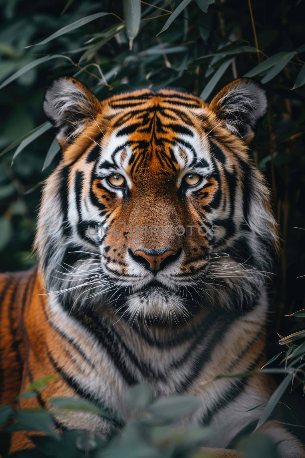 world wildlife day. beautiful tiger looking through jungle leaves . ai generated