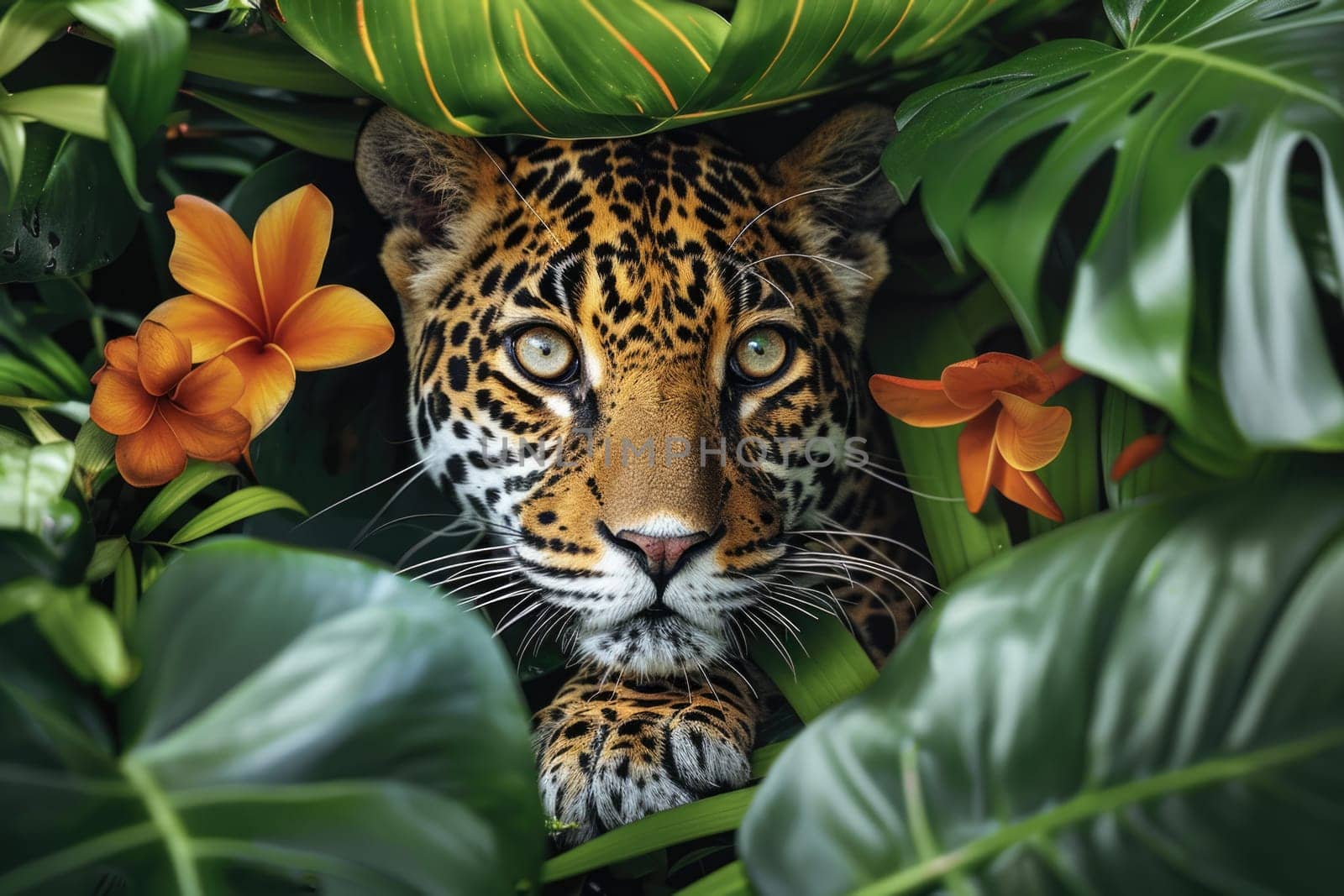 world wildlife day. beautiful leopard looking through jungle leaves . ai generated