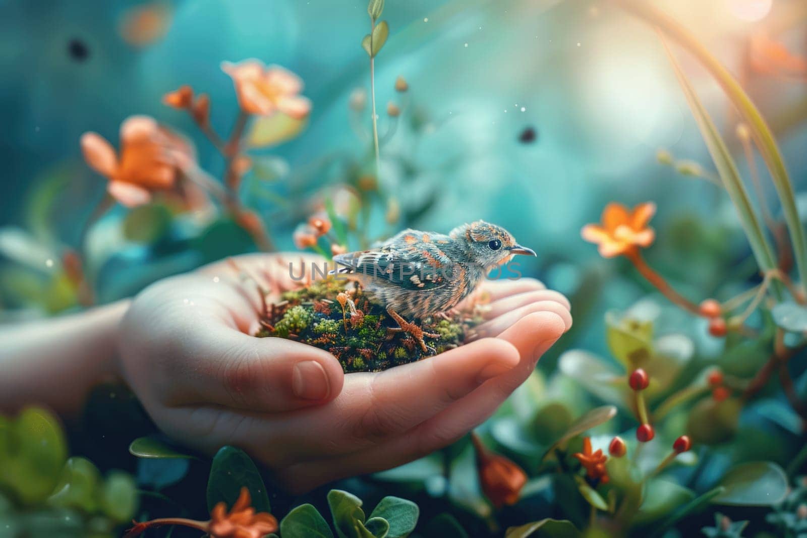 world wildlife day, wildlife concept. creative banner of child hands holding bird on nature background. . ai generated