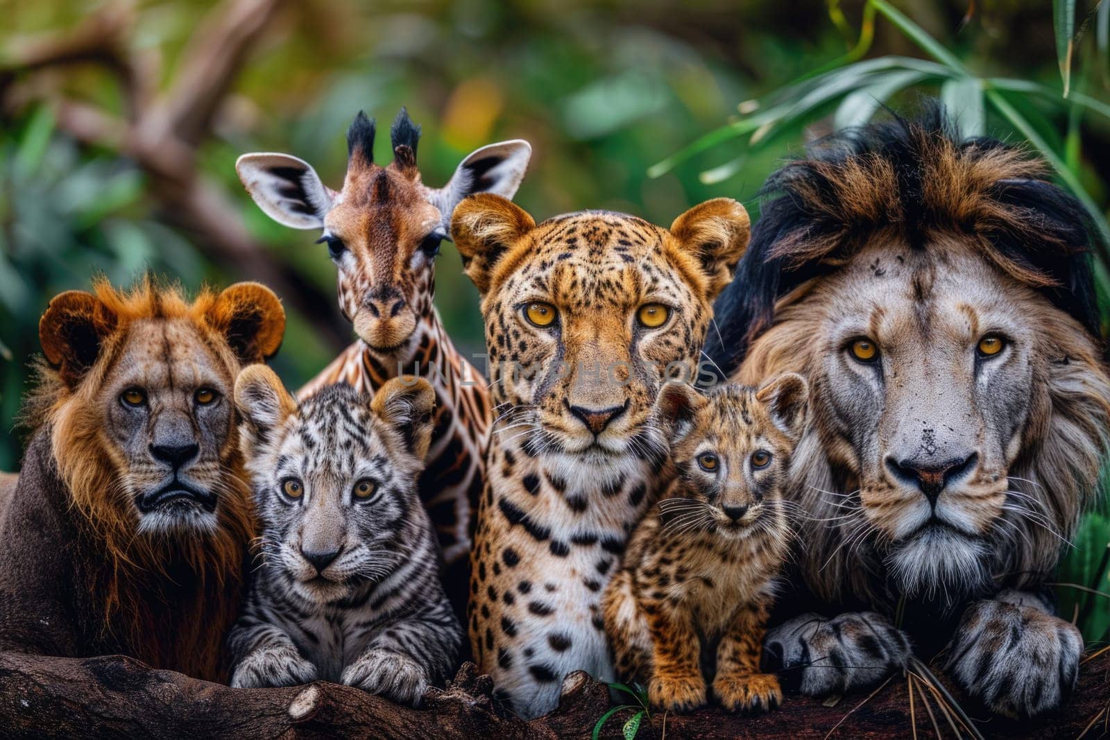 world wildlife day, wildlife concept. creative banner with wild animals lions, leopards, giraffe . ai generated