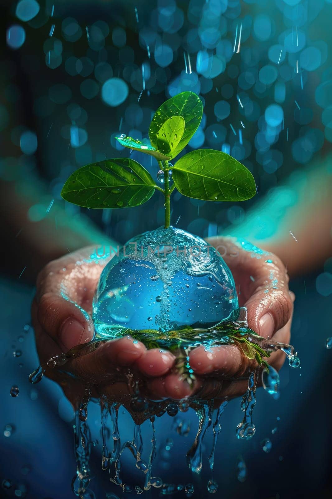 world water day concept. Hands holding clean water drop in shape of planet Earth. ai generated