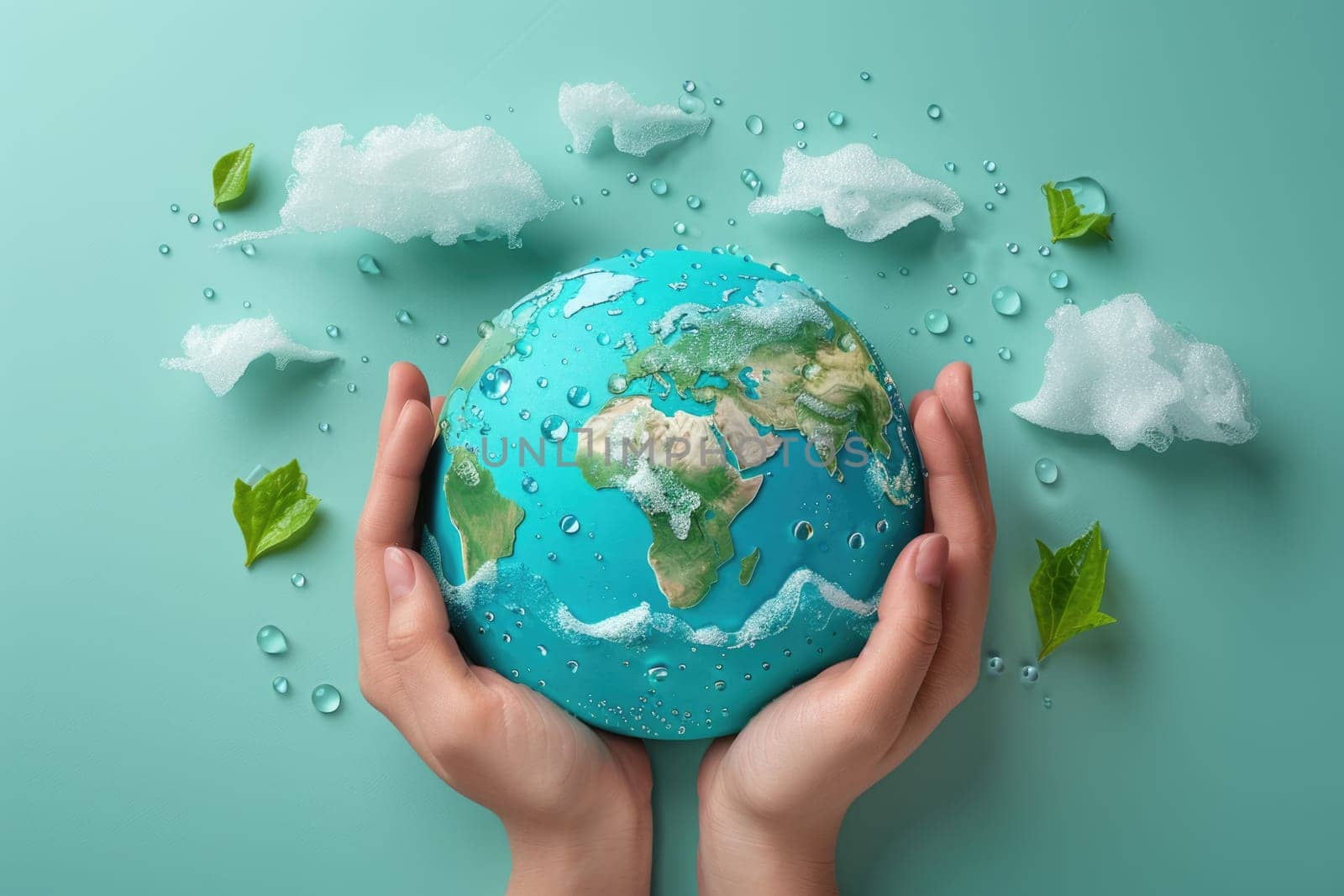 world water day concept. Hands holding clean water drop in shape of planet Earth. ai generated
