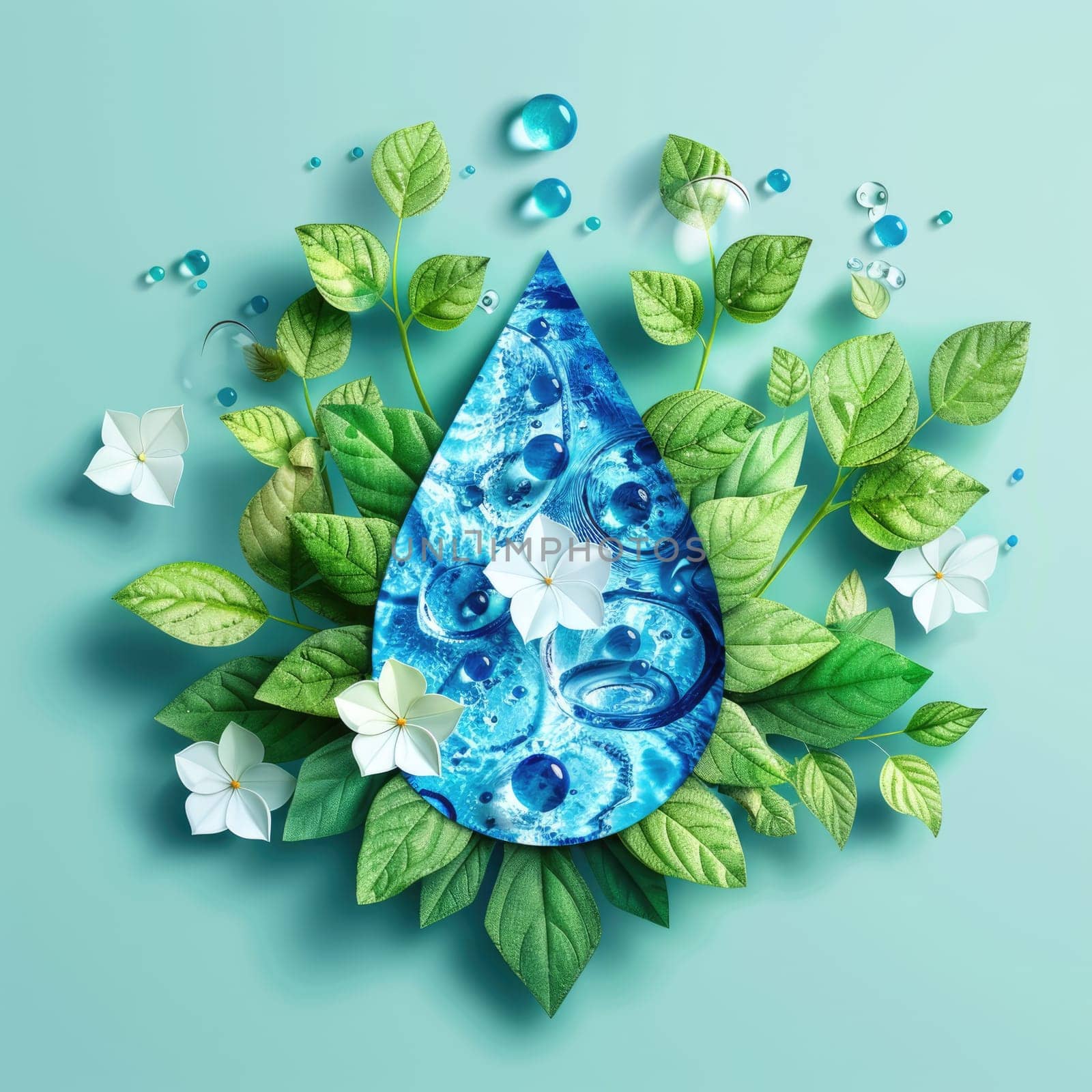 world water day. Conceptual water drop with flowers and leaves on blue. ai generated