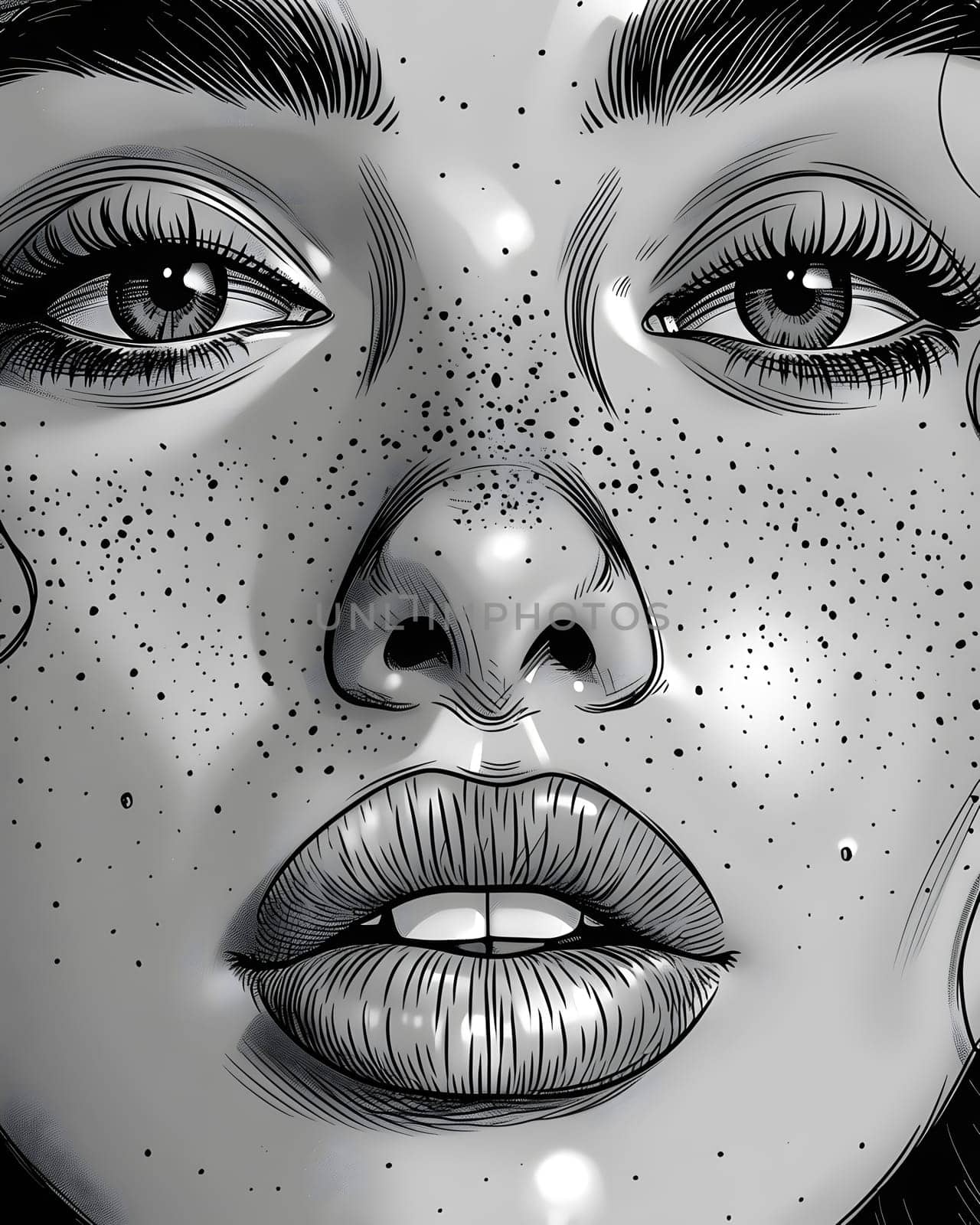 A black and white drawing of a womans face with freckles, showcasing her nose, cheek, eyebrow, mouth, eye, eyelash, jaw, and unique facial expression