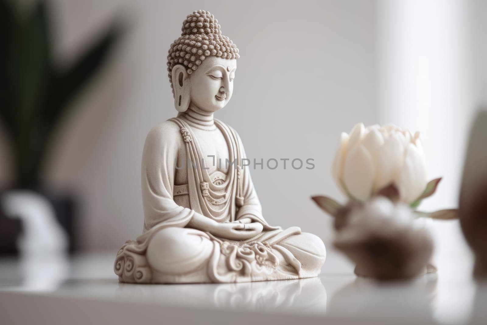 Buddha statue flower. Zen religion. Generate Ai
