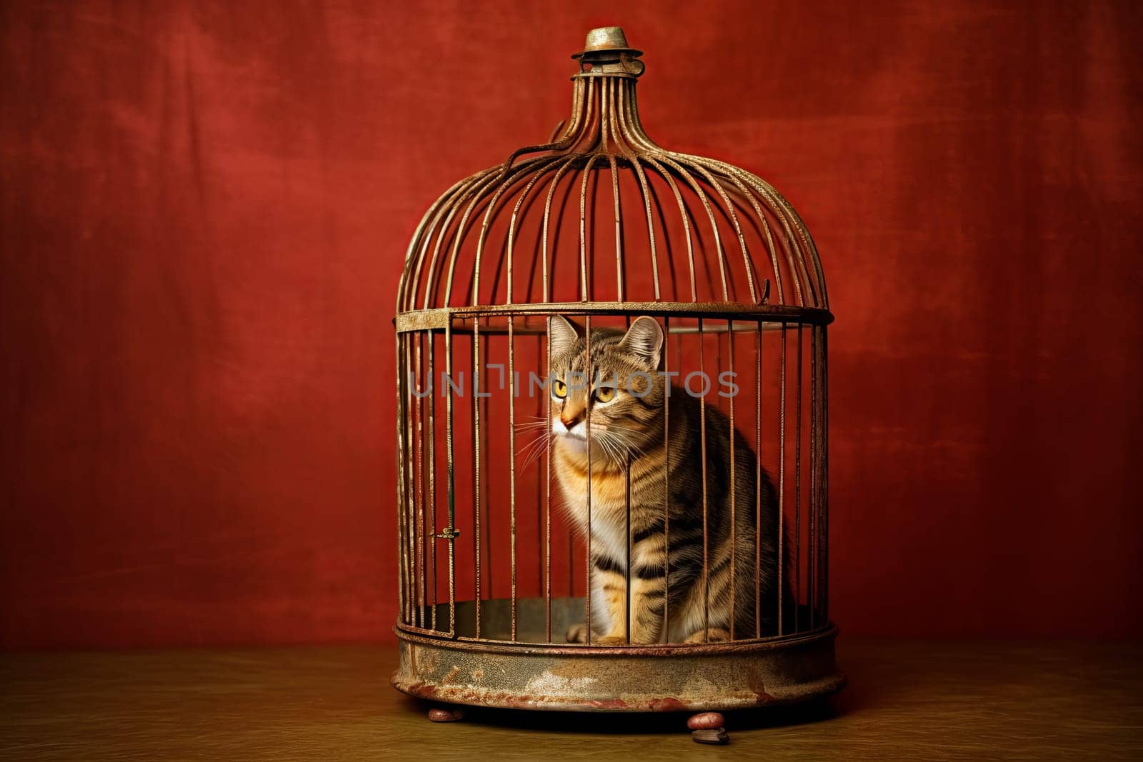 Caged cat red room. Generate Ai by ylivdesign