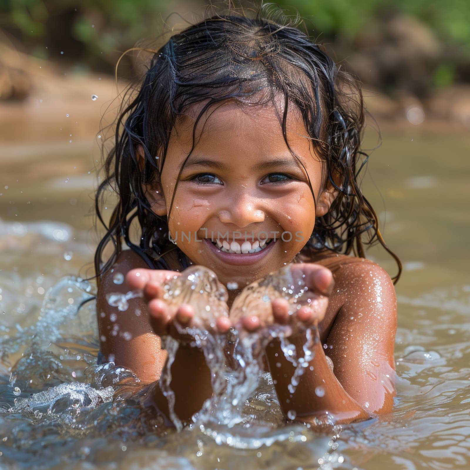 world water day concept. little African girl drinking water from hands. ai generated