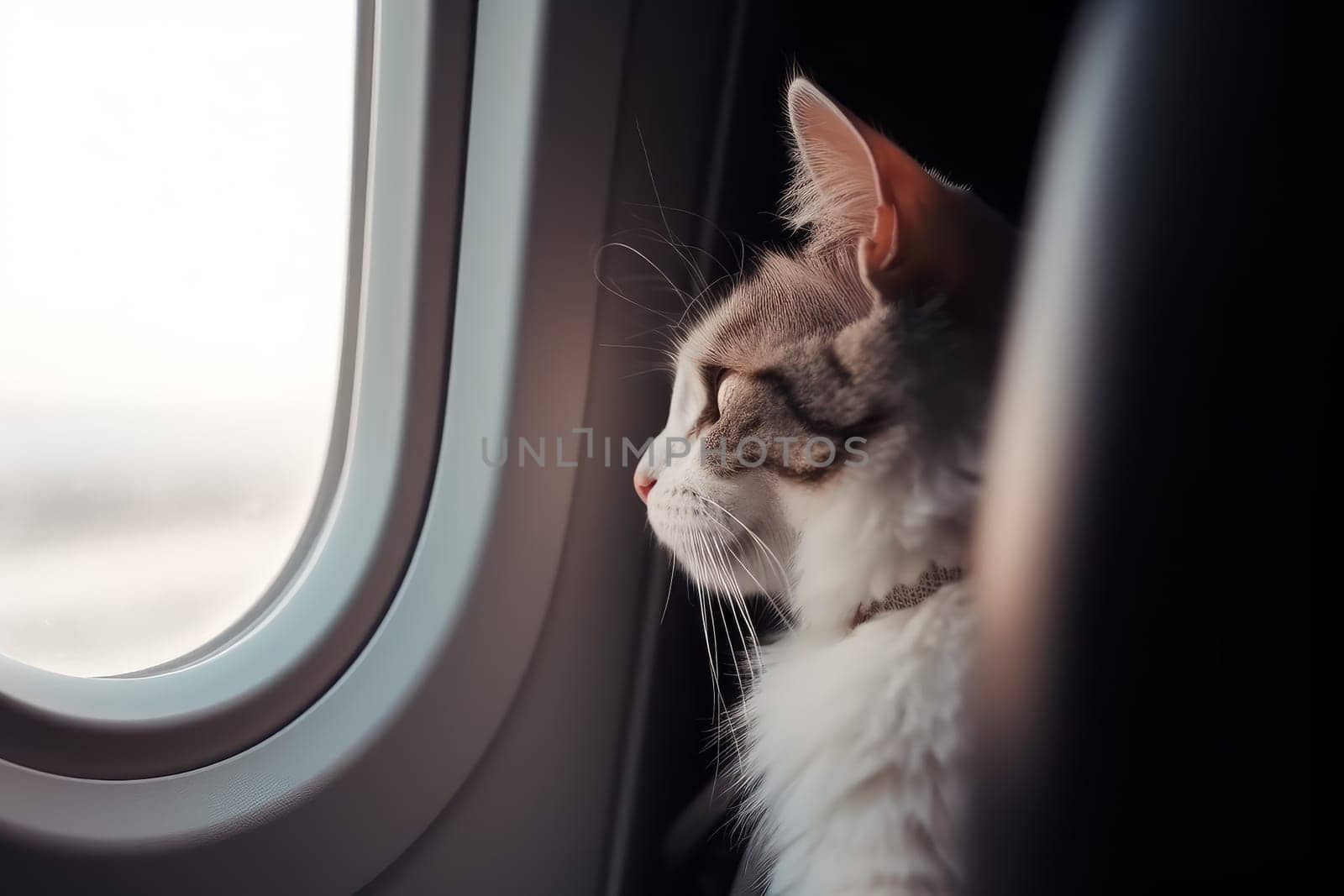 Cat airplane window. Generate Ai by ylivdesign