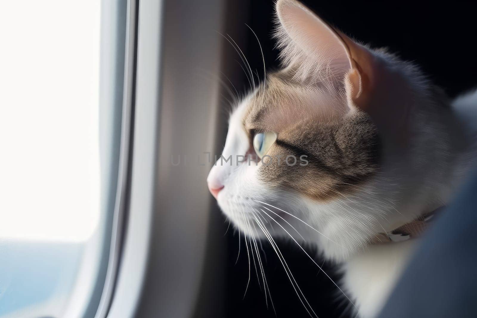 Cat airplane window look. Mammal fly. Generate Ai
