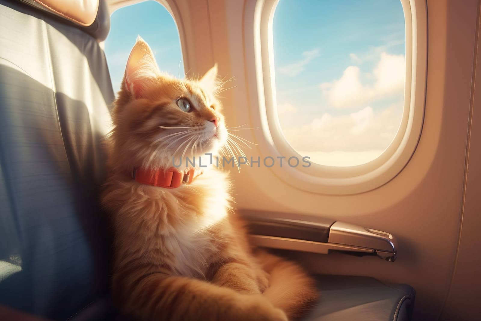 Cat airplane window passenger. Mammal fly. Generate Ai