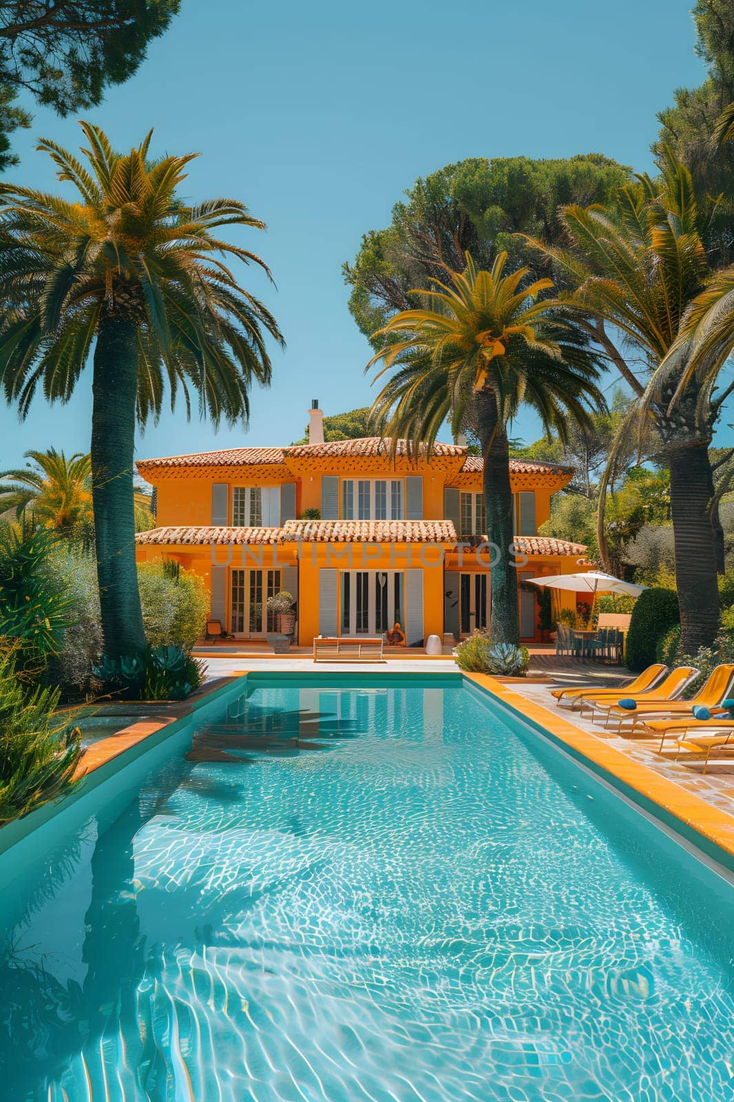 a large orange house with a swimming pool in front of it. High quality photo