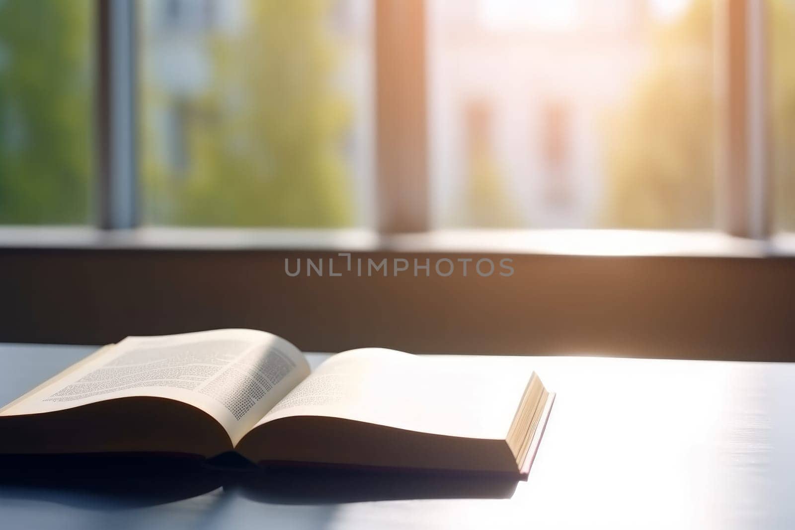 Open book table sunlight. Generate Ai by ylivdesign