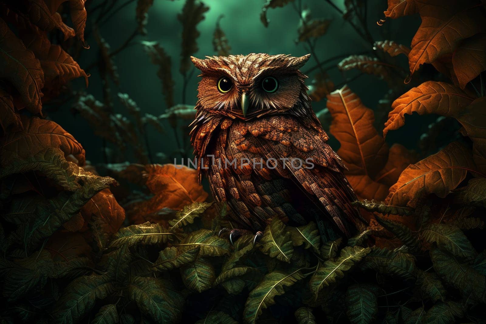 Owl leaves forest autumn. Raptor wild. Generate Ai